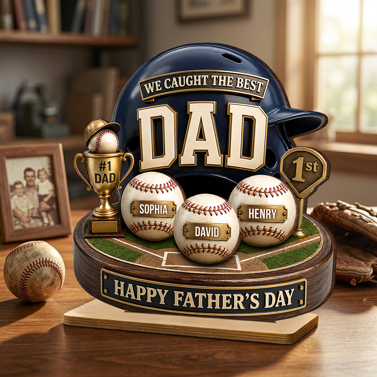 Baseball Trophy We Caught The Best Dad - Personalized 2-Layered Wooden Plaque -  Gift For Dad, Husband