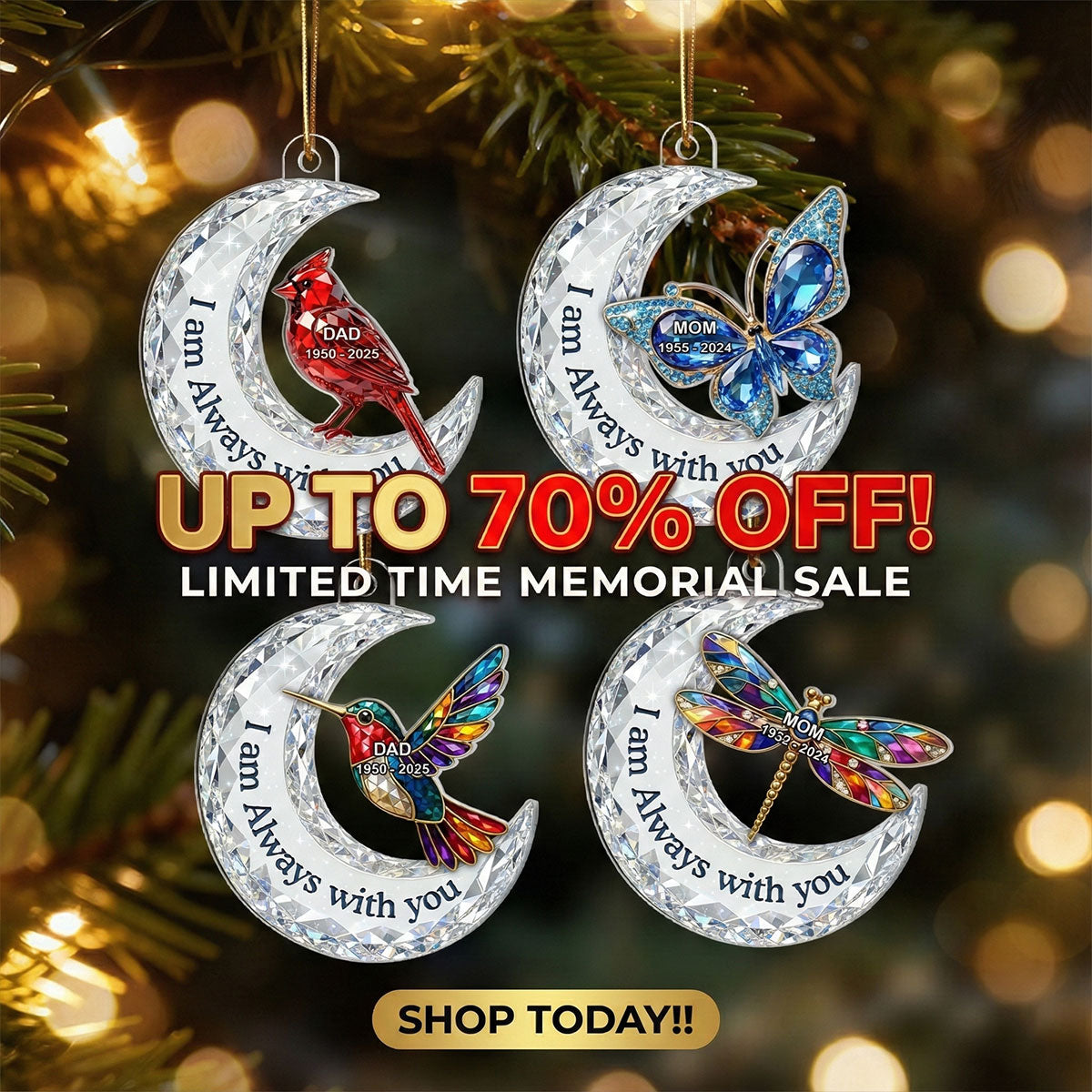 3D Effect Flat Christmas Cardinal On Moon Memorial - Personalized Acrylic Ornament - Remembrance Gift, Sympathy Gift
