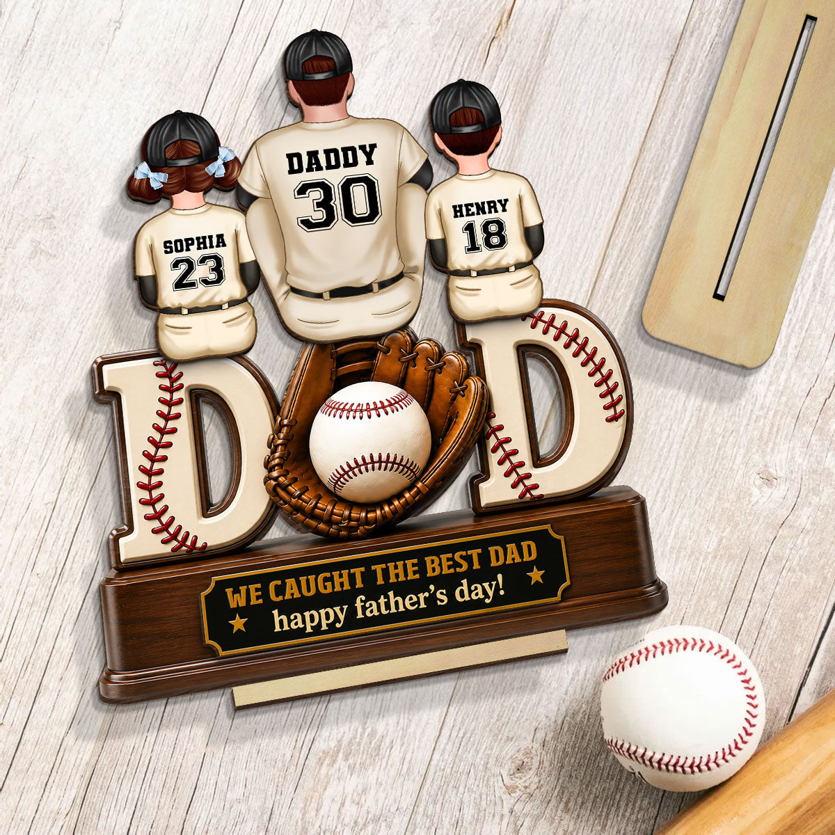 Dad And Children Baseball Gloves - Personalized 2-Layered Wooden Plaque -  Gift for Dad, Husband