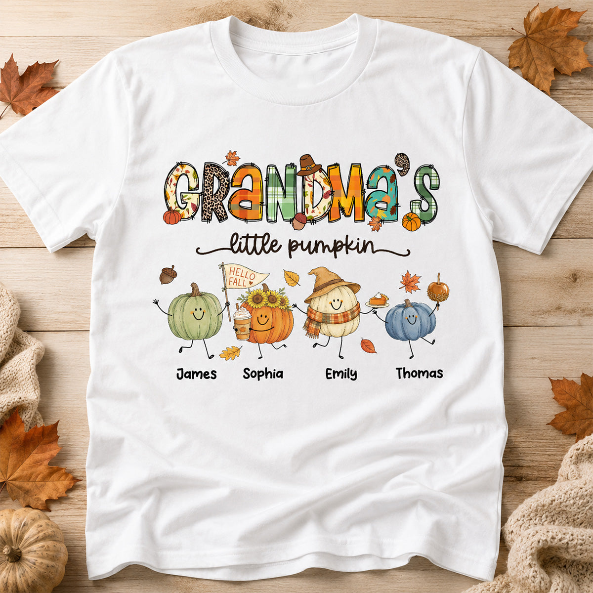 Grandma's Little Pumpkins Cute Doodle Pumpkins - Personalized Shirt - Fall Season Gift For Grandma, Mom