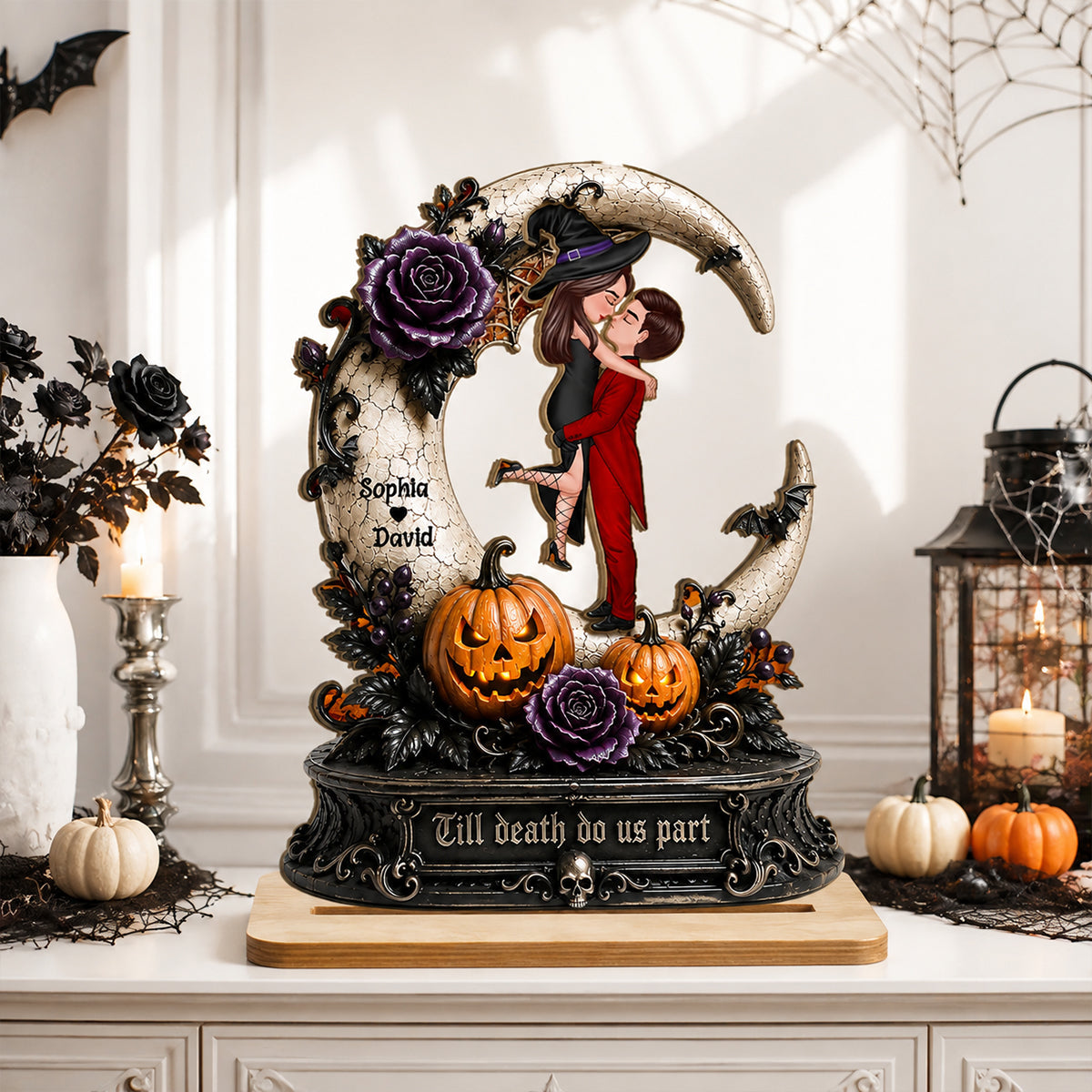 Spooky Couple Moon Halloween - Personalized 2-Layered Wooden Plaque - Halloween Decor Gift, Gift For Couple