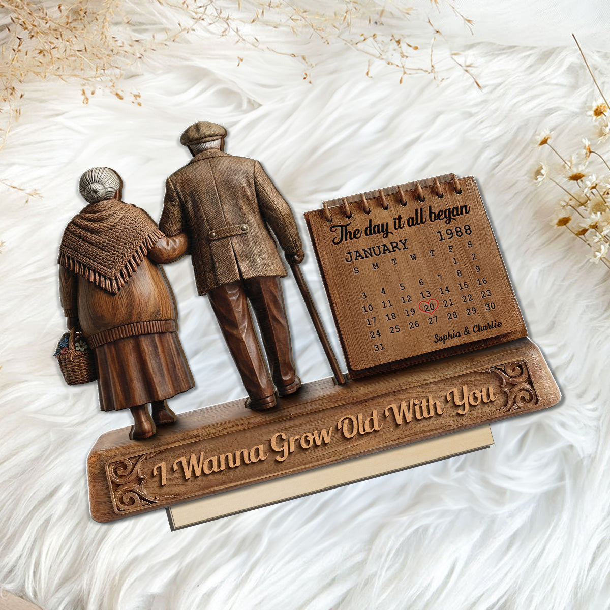 Old Couple Walking Side By Side Anniversary Date Calendar 2D Flat - Personalized 2-Layered Wooden Plaque