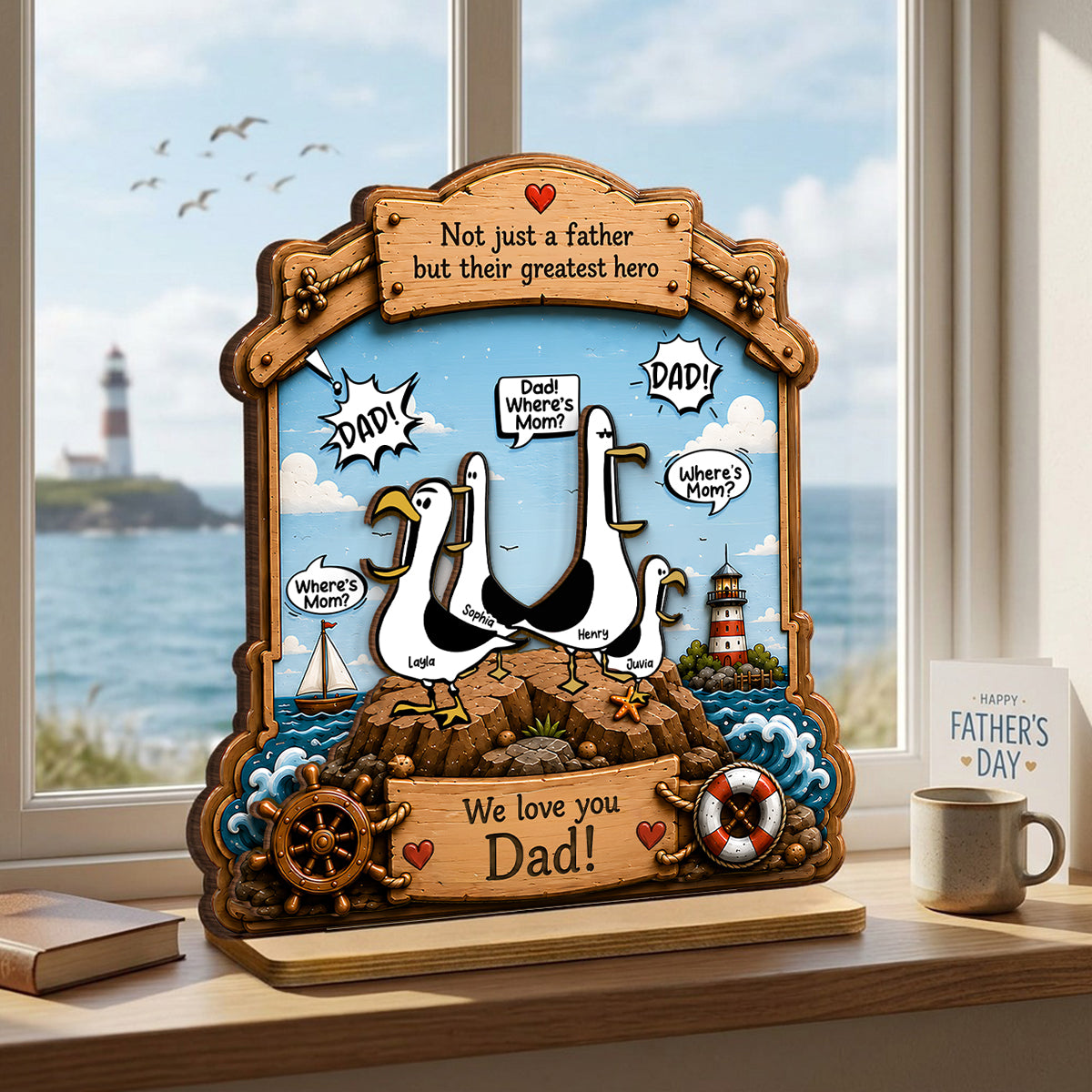 Funny Seagull Daddy Where's Mom - Personalized 2-Layered Wooden Plaque - Funny Gift For Dad, Husband