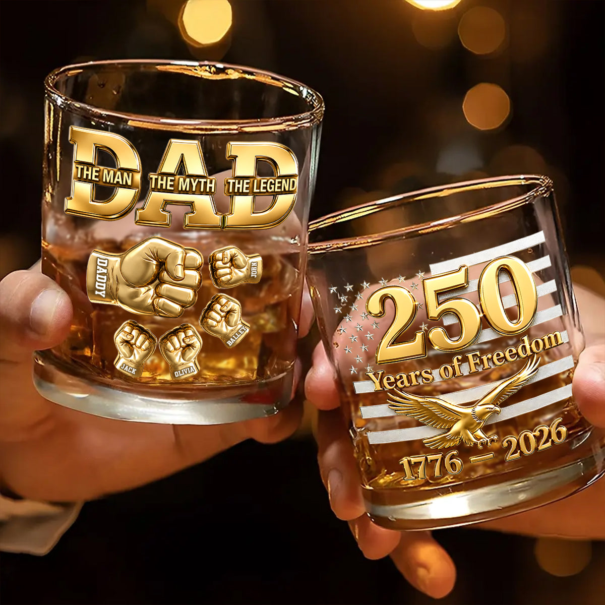 USA 250th Anniversary Daddy's Team Fist Bump - Personalized Whiskey Glass - Father's Day Gift for Dad, Husband