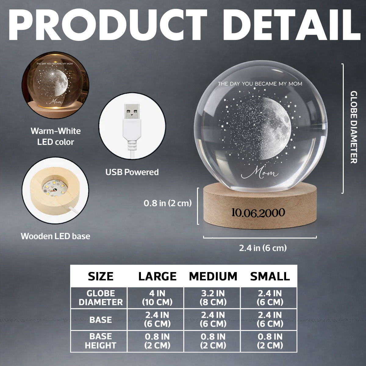 Custom Moon Phase and Star Map by Date - Personalized Crystal Ball LED Night Light - Mother's Day Gift for Mom, Wife