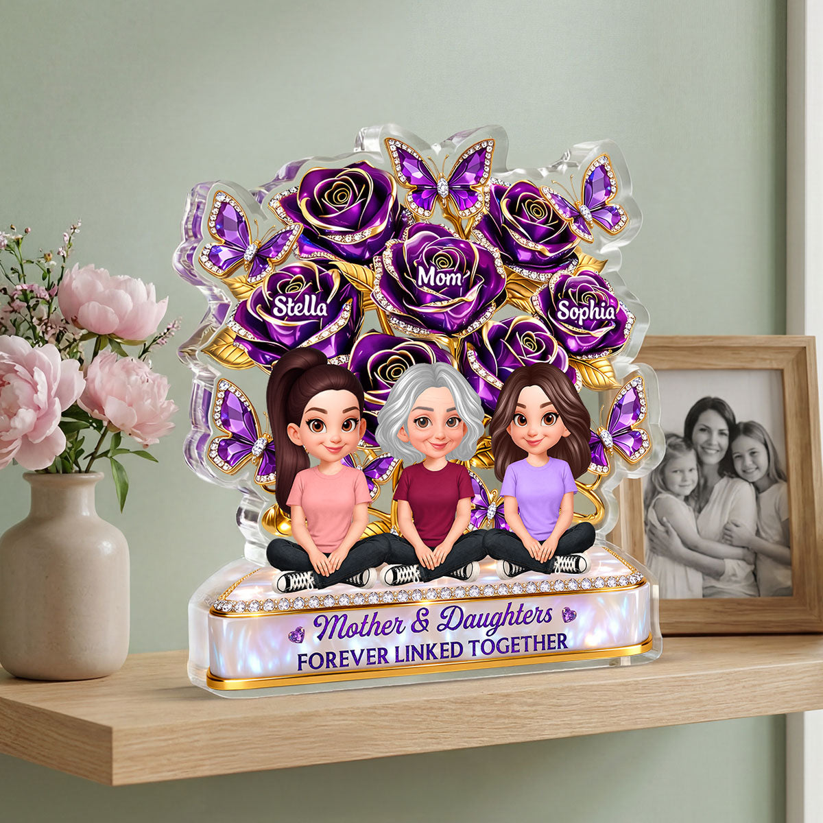 Beautiful Roses Mom And Son Daughter Forever Linked Together - Personalized Acrylic Block Plaque - Gift For Mom