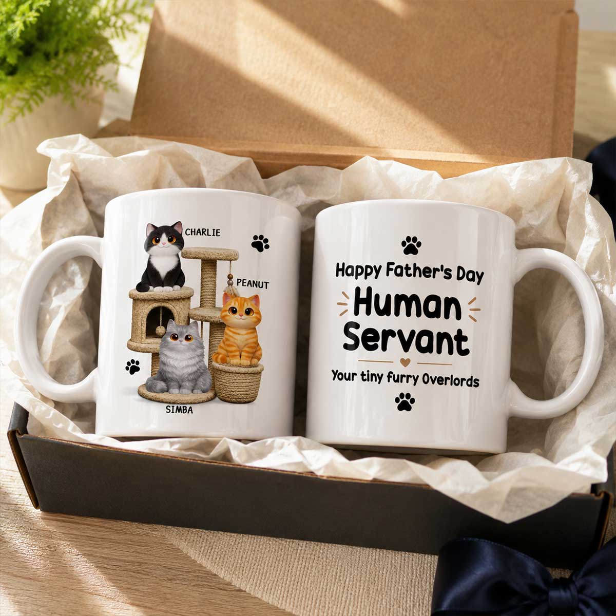 Happy Father's Day Human Servant Cats On Cat Tree - Personalized Mug - Father's Day Gift For Cat Dad