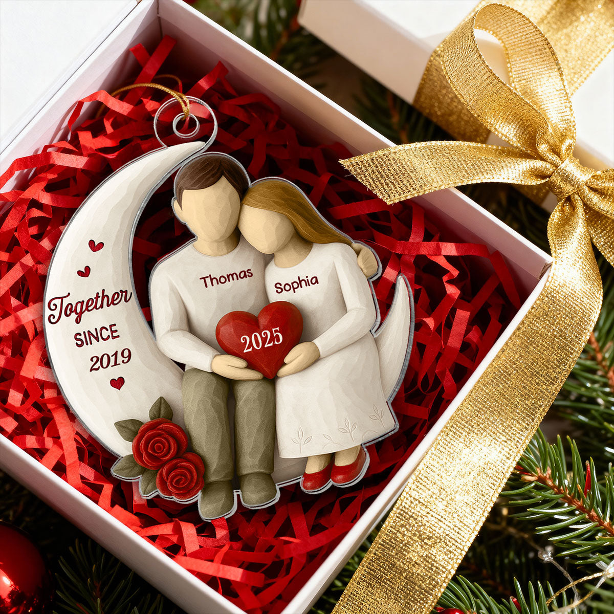 3D Effect Roses Wooden Texture Couple On Moon - Personalized Acrylic Ornament - Christmas Gift For Couple