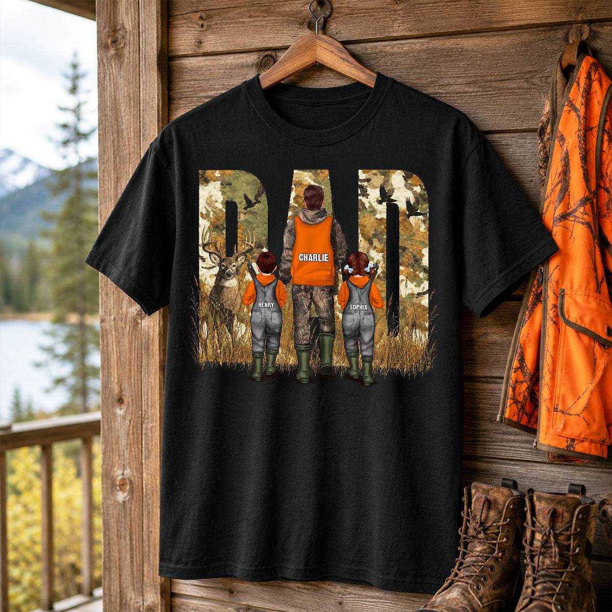 Hunting Dad & Children - Personalized Shirt - Outdoor Father's Day Gift for Dad, Husband