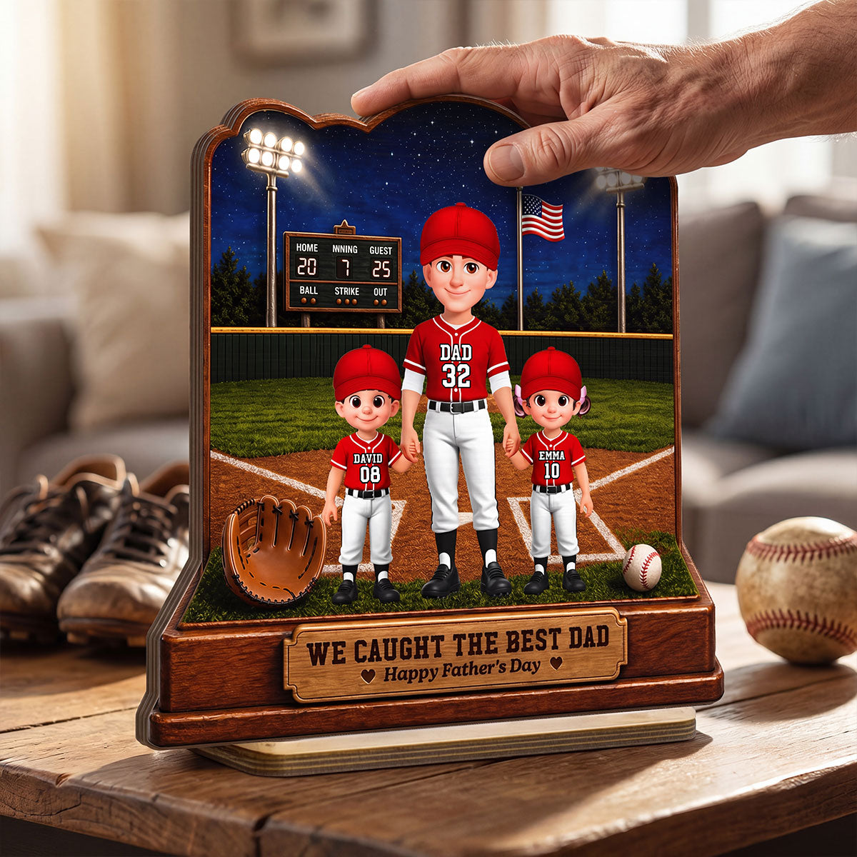 Baseball Dad And Kids Friday Night Lights We Caught The Best Dad - Personalized 2-Layered Wooden Plaque -  Gift For Dad