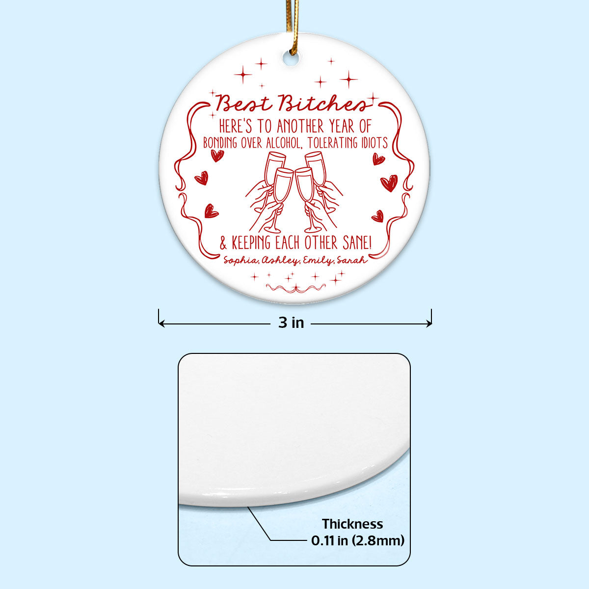 Christmas Red Tone Funny Besties - Personalized Ceramic Ornament - Gift For Best Friends