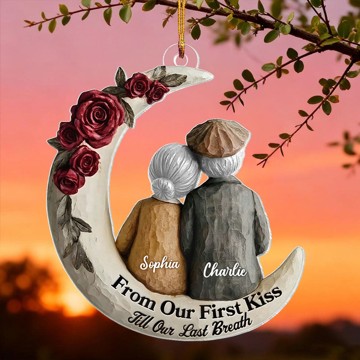 Couple On The Moon Faux Wood - Personalized Acrylic Ornament - Heartwarming Christmas Gift For Him, For Her, For Couple