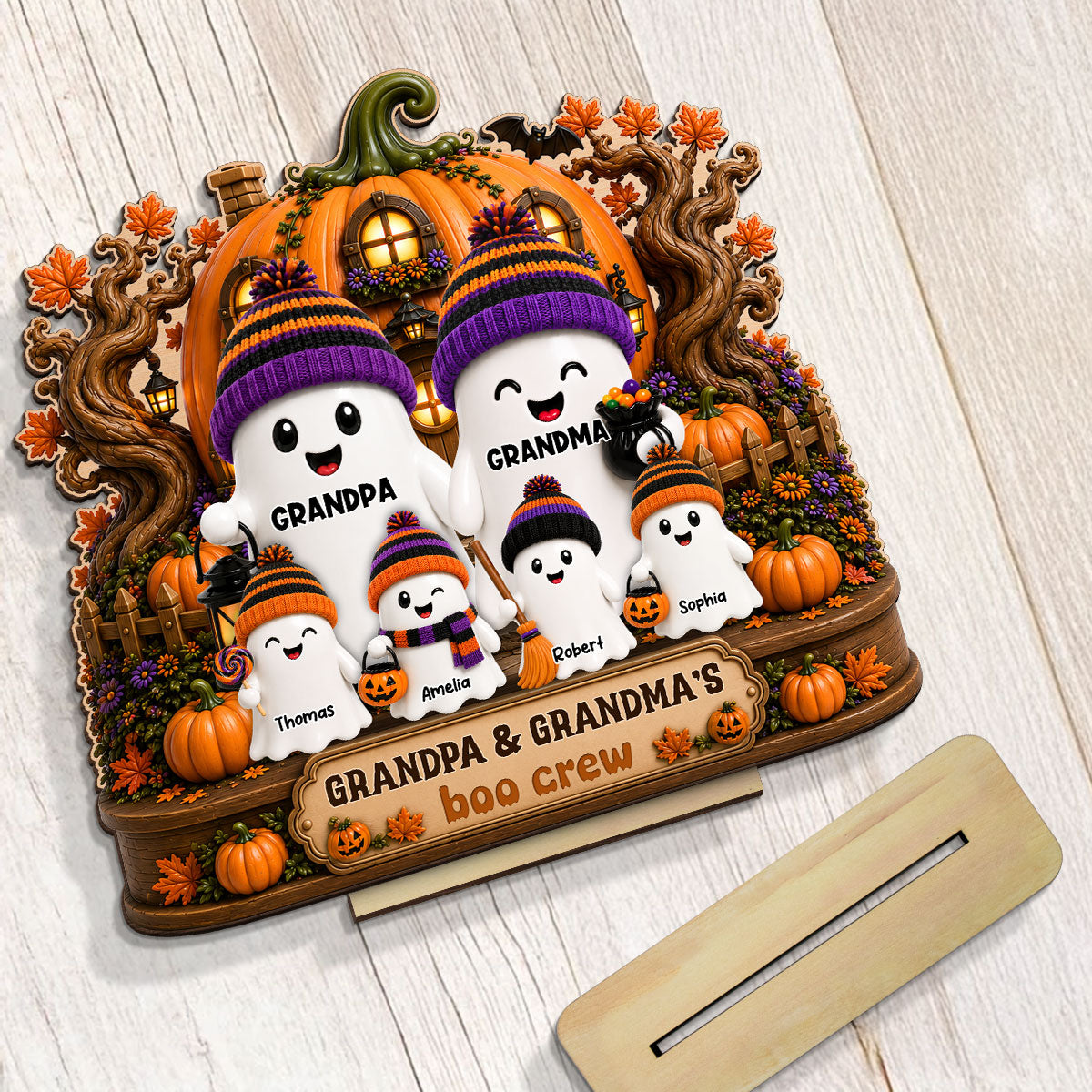 Whimsical Pumpkins House Halloween Grandma Grandpa's Boo Crew - Personalized 2-Layered Wooden Plaque - Halloween Decor For Grandparents