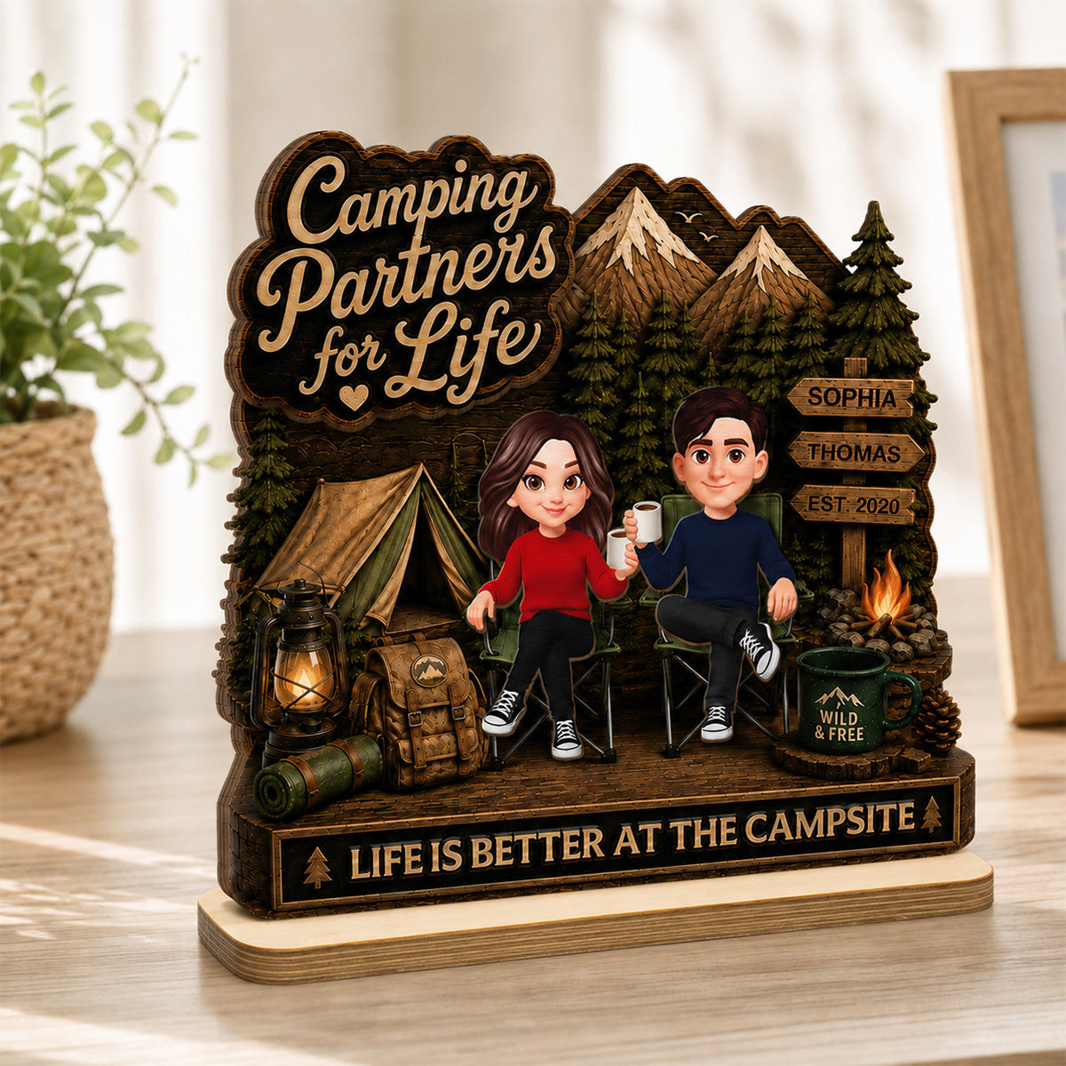 Camping Partners For Life 2D Flat - Personalized 2-Layered Wooden Plaque