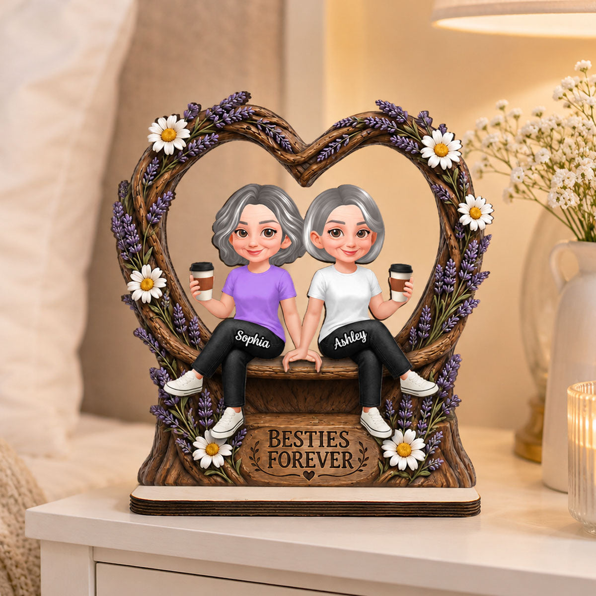 Lavender Flowers Besties Forever - Personalized 2-Layered Wooden Plaque - Birthday Gift, Gift For Best Friends