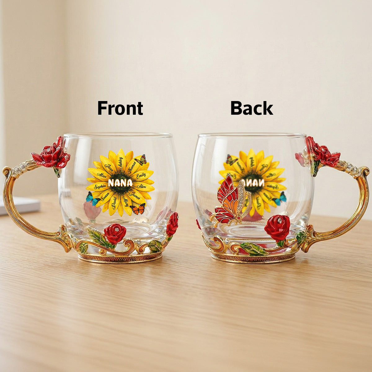 Grandma Sunflower Custom Kids Names - Personalized Enamel Flower Tea Cup - Gift For Grandma, Mom