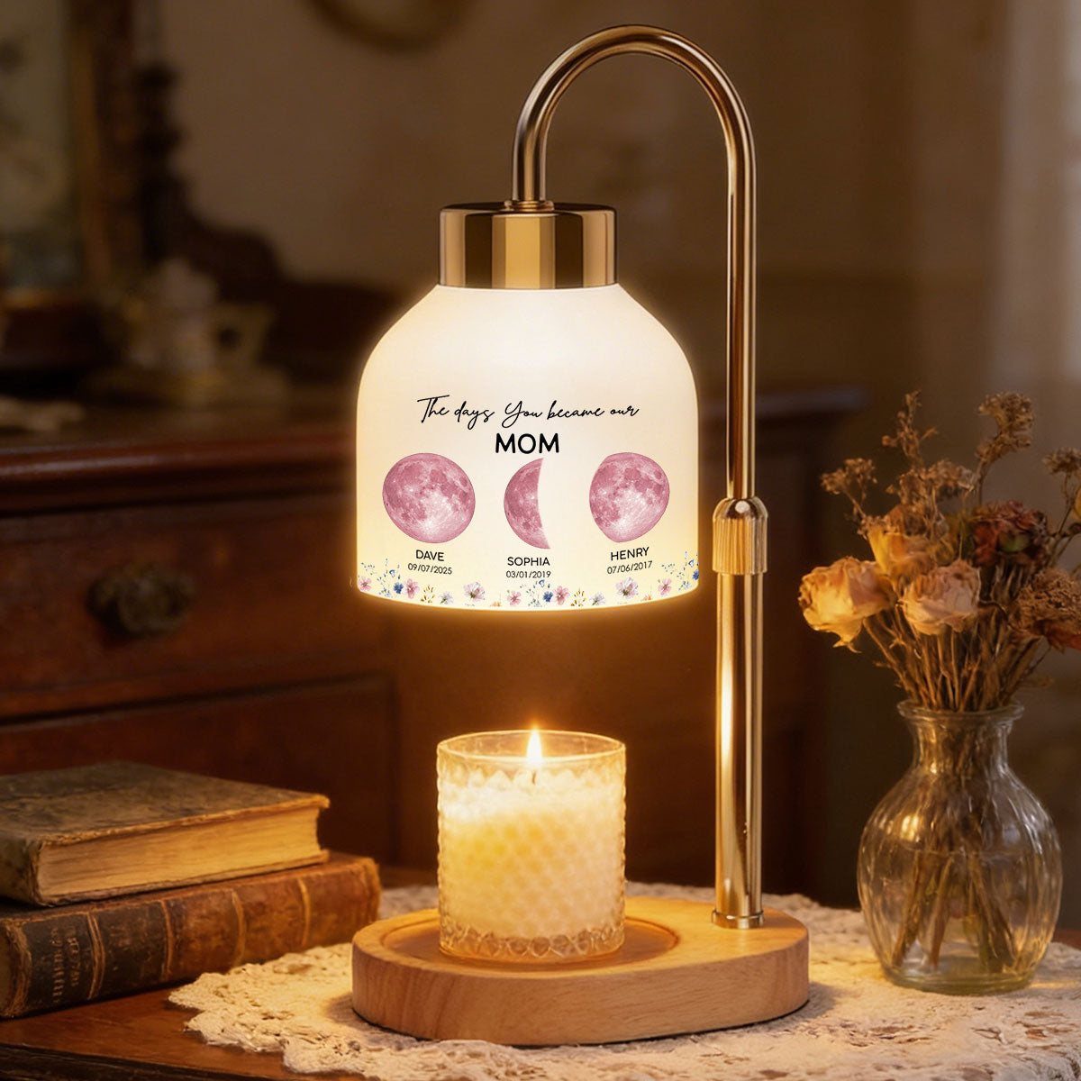 The Days You Became Our Mom Grandma Custom Pink Moon Phase By Date - Personalized Candle Warmer Lamp