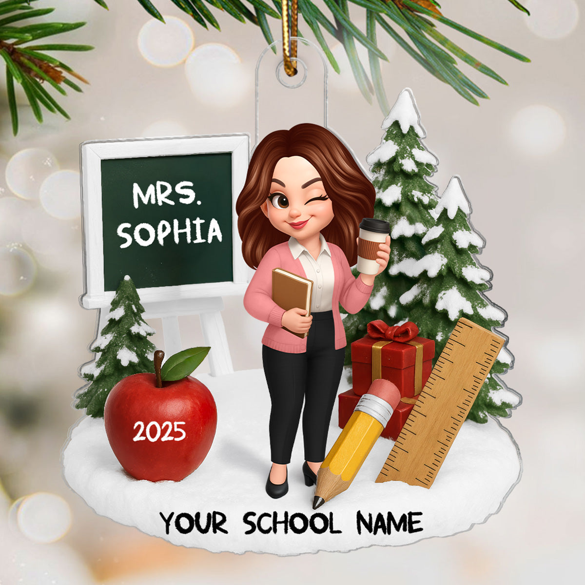 3D Effect Christmas Teacher Things - Personalized Acrylic Ornament - Gift For Teachers, Colleagues