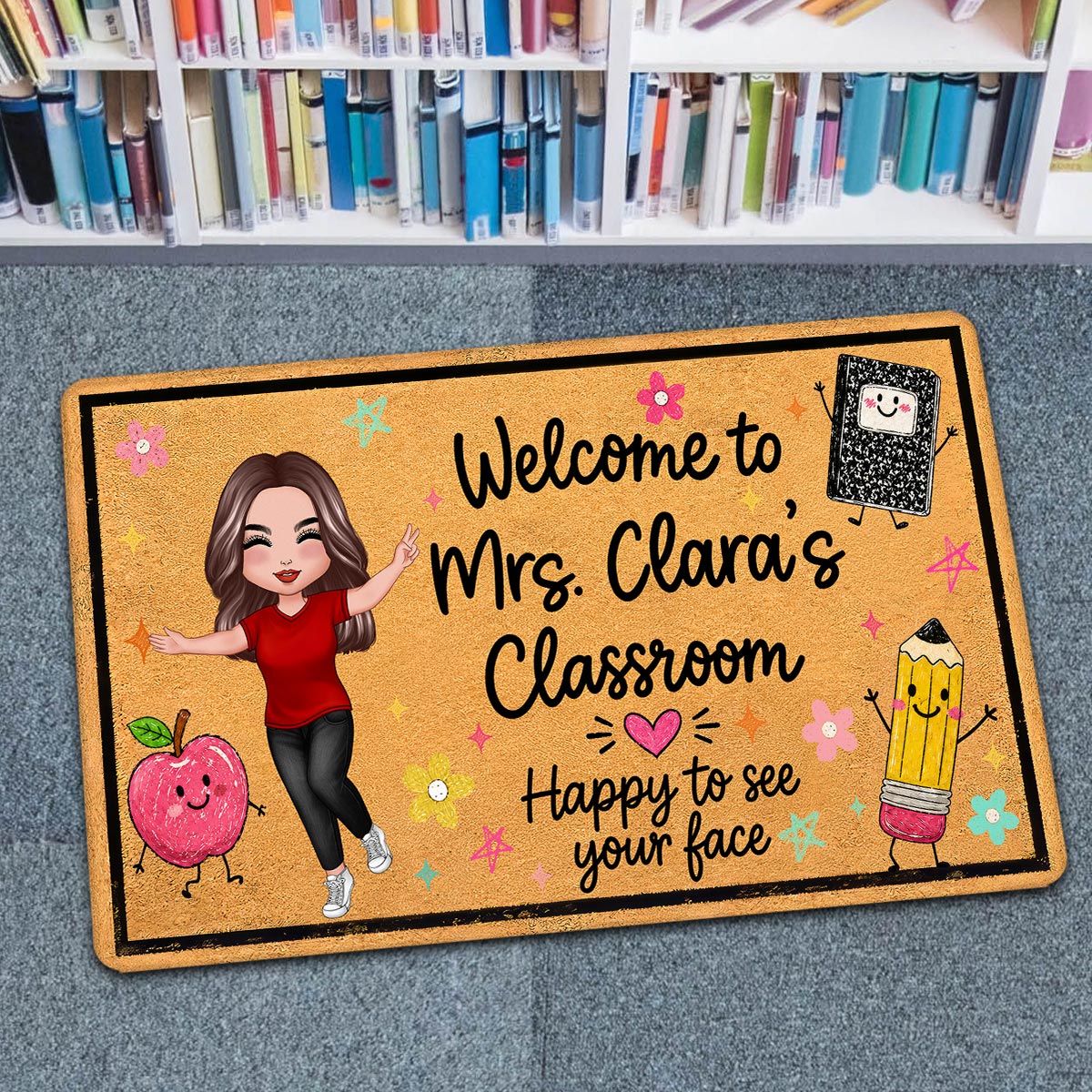 Happy To See Your Face Happy Teacher - Personalized Doormat - Classroom Students Welcome Decor