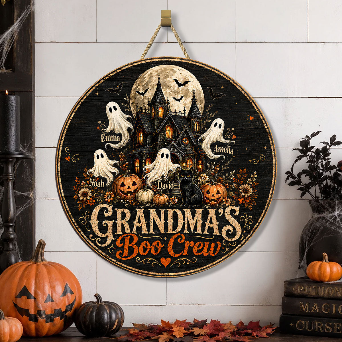 Grandma's Boo Crew Halloween Haunted House - Personalized Wooden Door Sign - Halloween Decor for Grandma