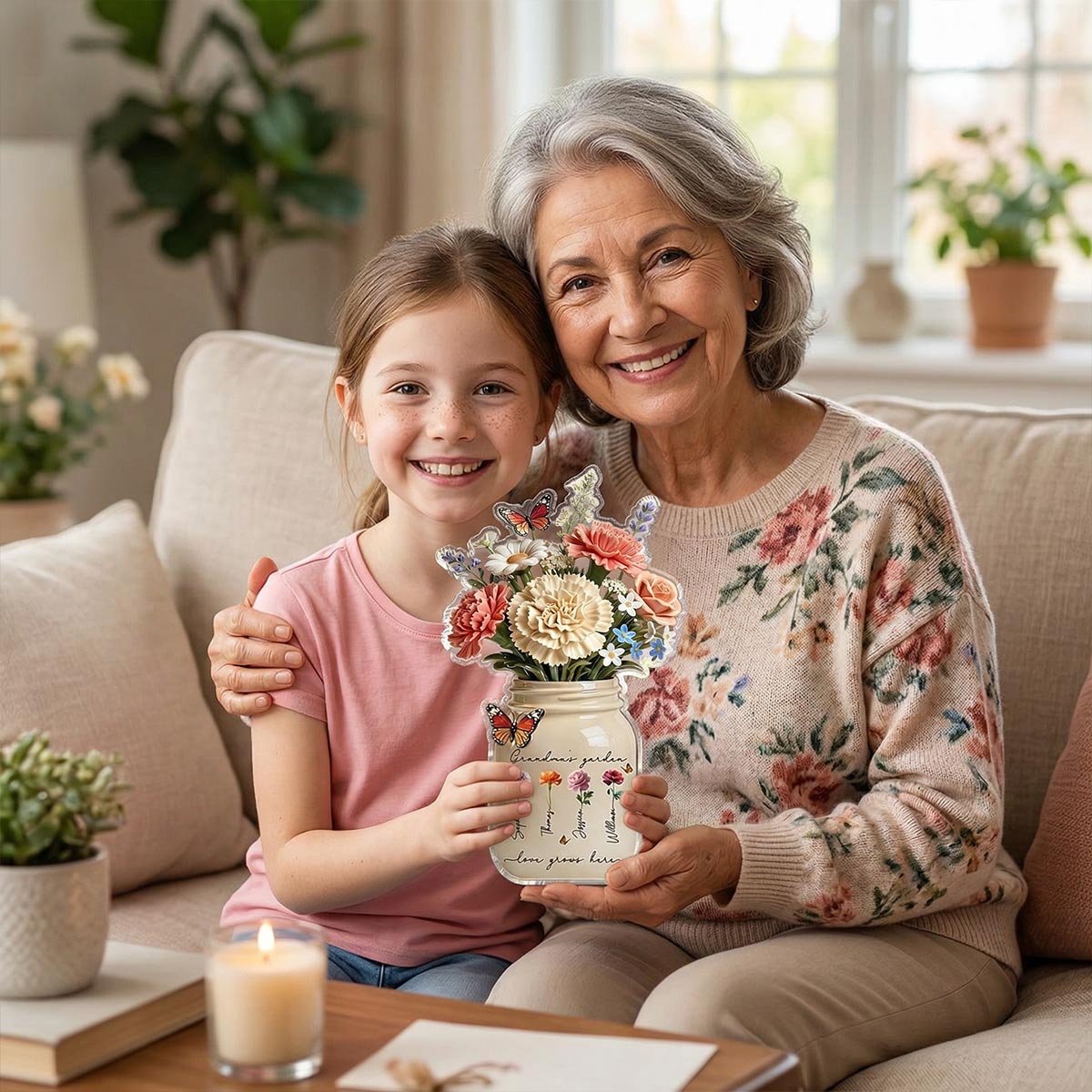 Grandma's Garden Flower Jars Birth Flowers 2D Flat - Personalized Acrylic Block Plaque - Mother's Day Gift For Grandma