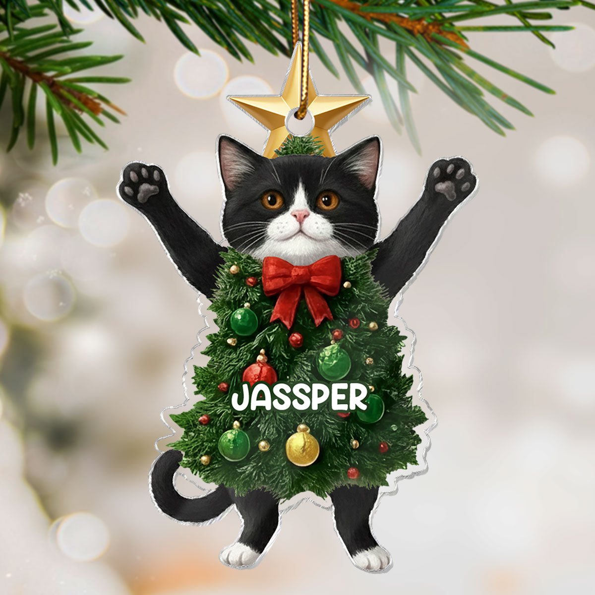 3D Effect Whimsical Christmas Cat - Personalized Acrylic Ornament - Gift For Cat Lover