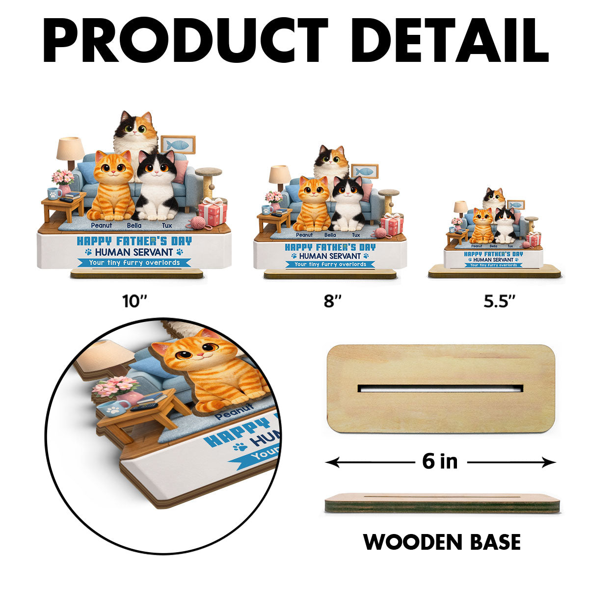Cat Dad Cute Fluffy Cats Happy  Human Servant - Personalized 2-Layered Wooden Plaque - Funny  Gift For Cat Dad, Cat Lovers