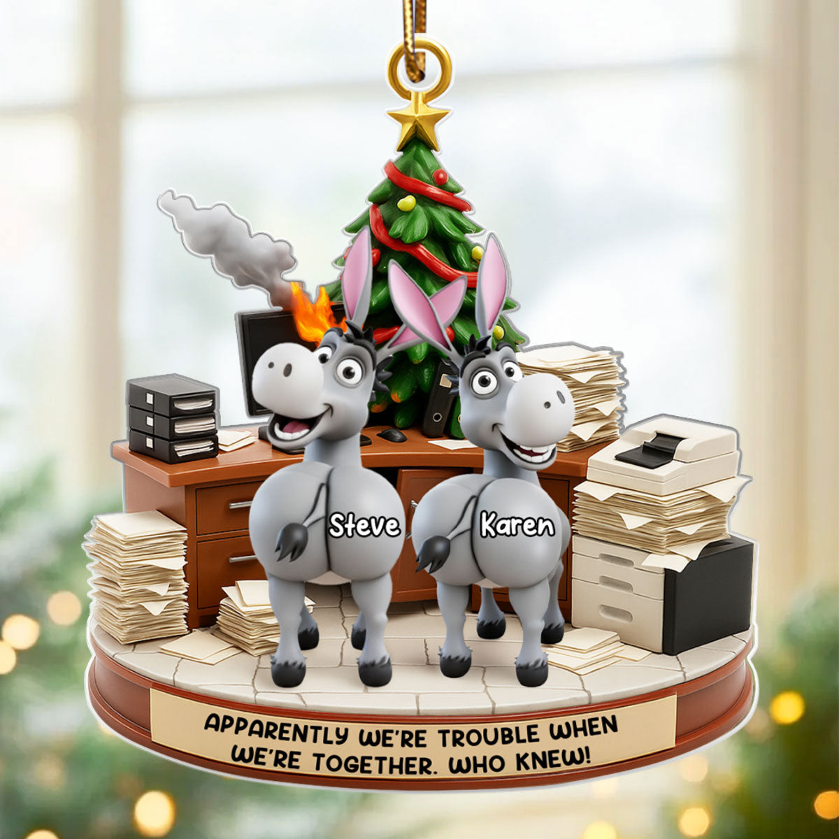 Trouble Together Donkey Coworker Office Decoration - Personalized Acrylic Ornament - Custom Employee Gift Exchange, White Elephant Gift