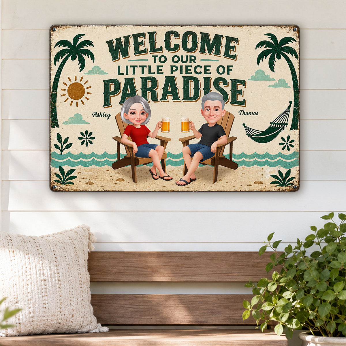 Couple Welcome To Our Little Piece Of Paradise - Personalized Metal Sign - Summer Pool Patio Decoration