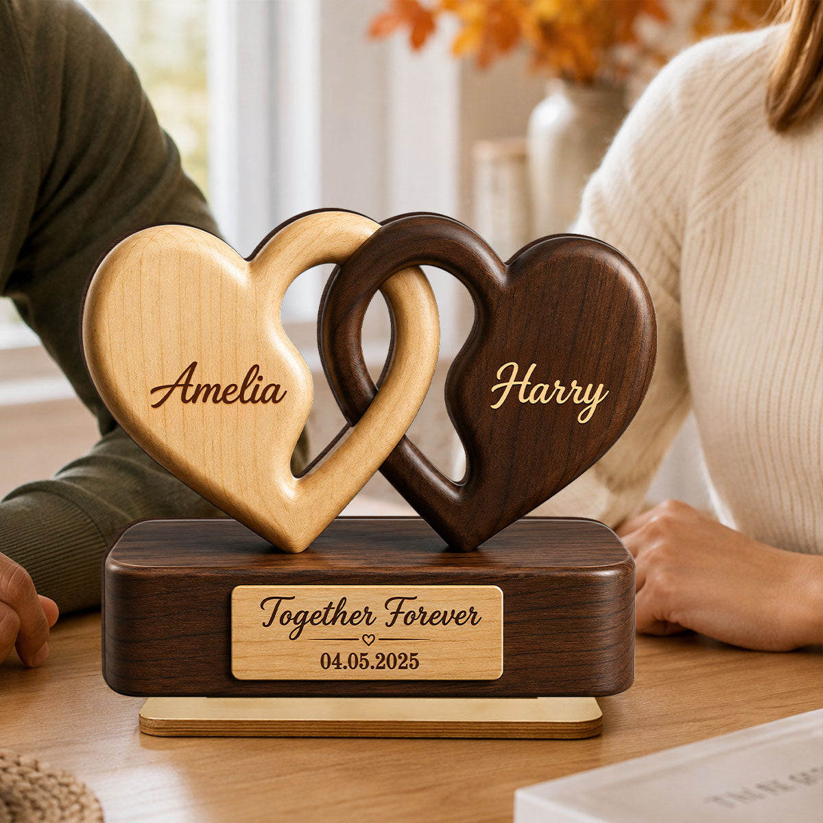 Interlocking Hearts Romantic Couple Anniversary - Personalized 2-Layered Wooden Plaque - Anniversary Gift, Gift For Couple