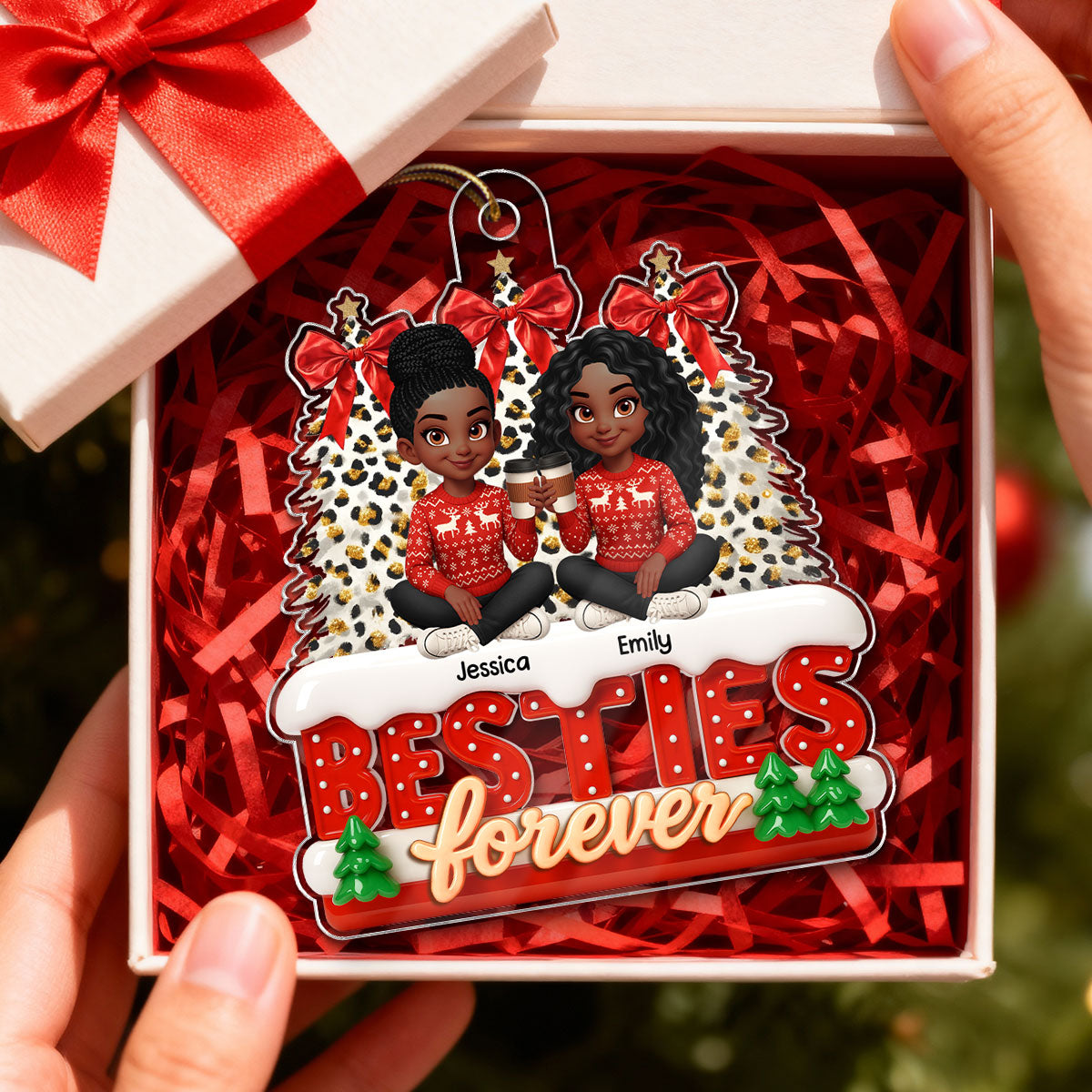 3D Effect Cartoon Besties Forever Leopard Coquette Christmas Tree - Personalized Acrylic Ornament