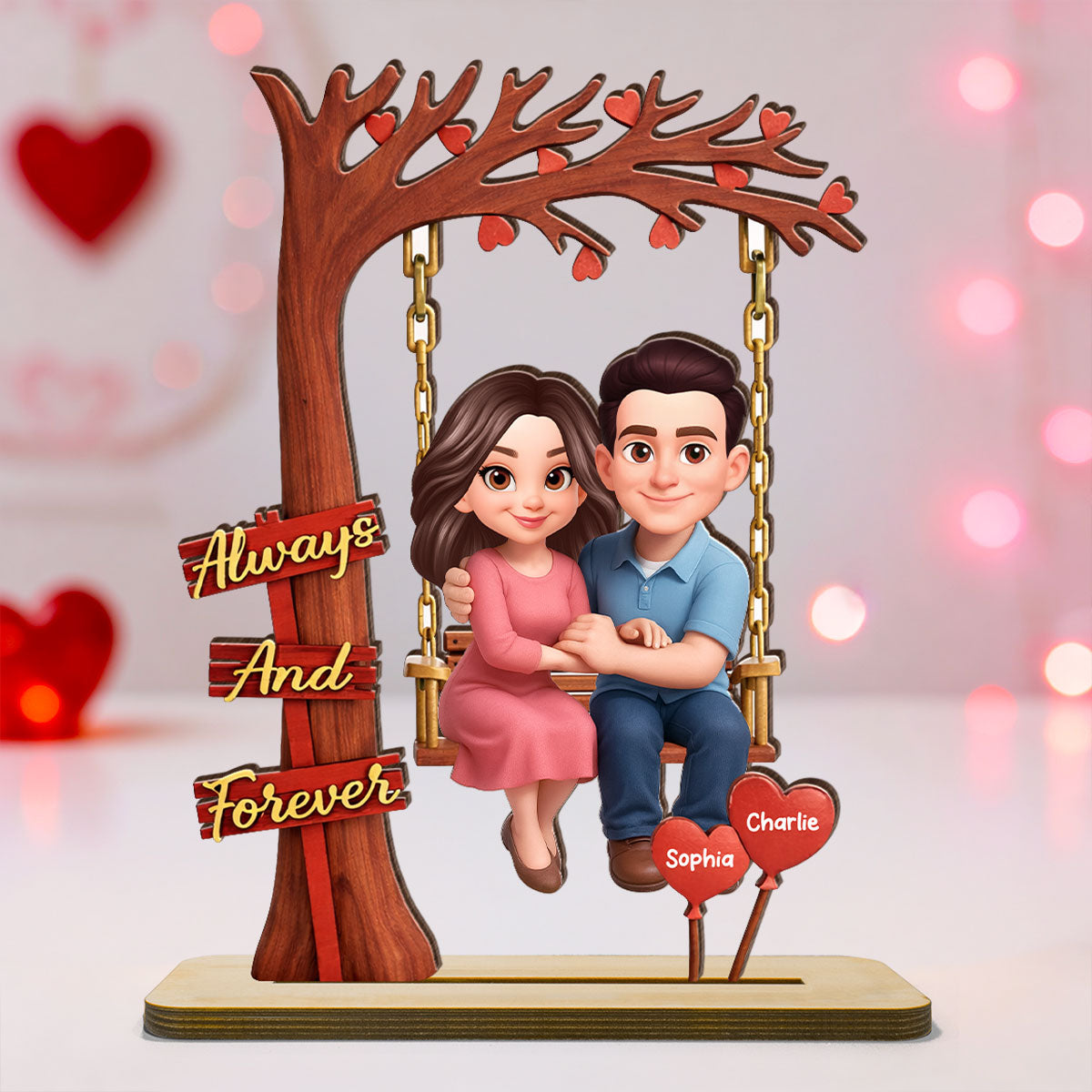 Always And Forever Couple On Swing - Personalized 2-Layered Wooden Plaque - Anniversary, Valentine's Day Gift, Gift For Him, Gift For Her