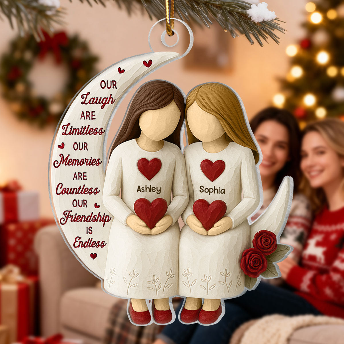 3D Effect Roses Besties On Moon - Personalized Acrylic Ornament - Christmas Gift For Best Friends