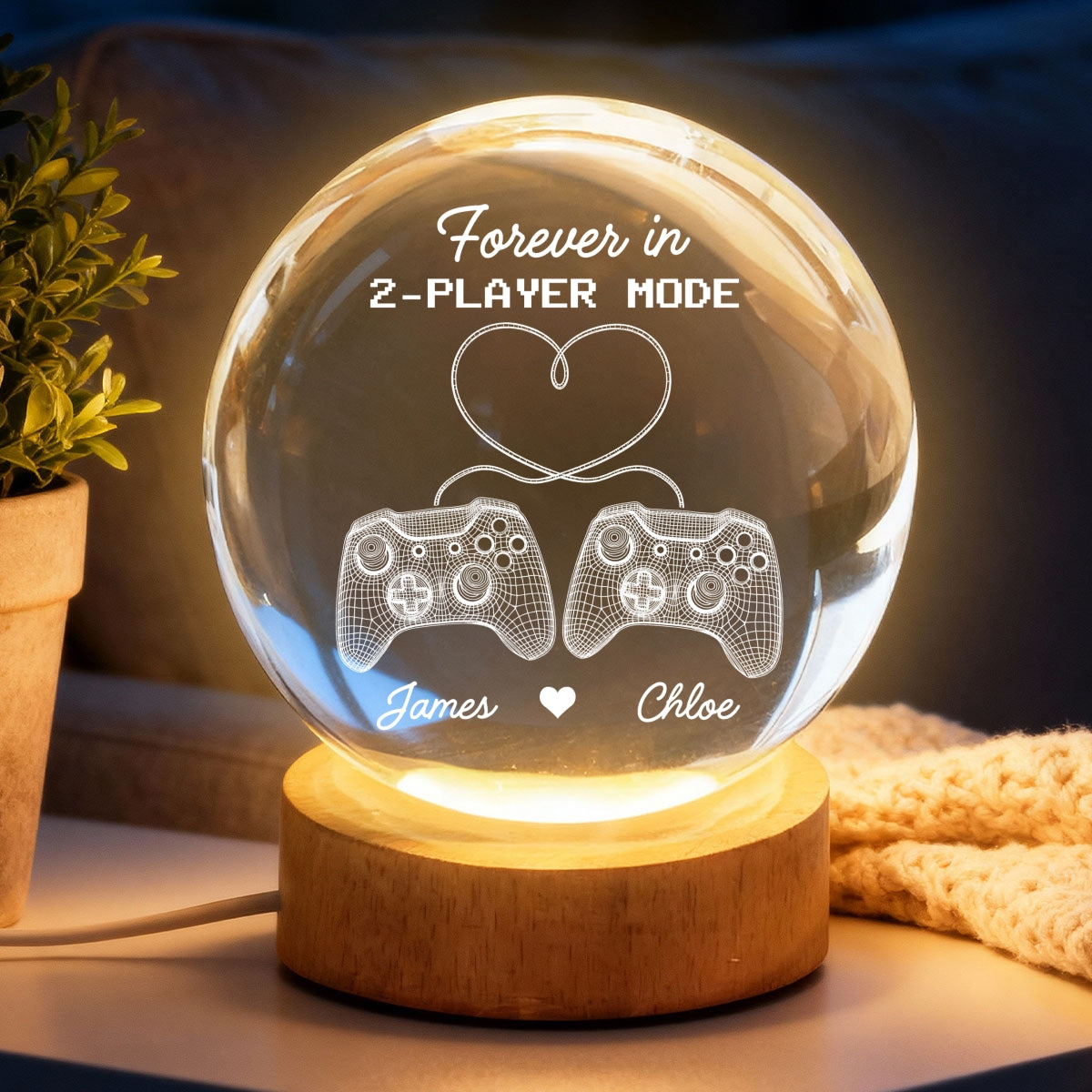 Forever In 2-Player Mode Game Controllers - Personalized Crystal Ball LED Night Light - Gamer Couple Gift