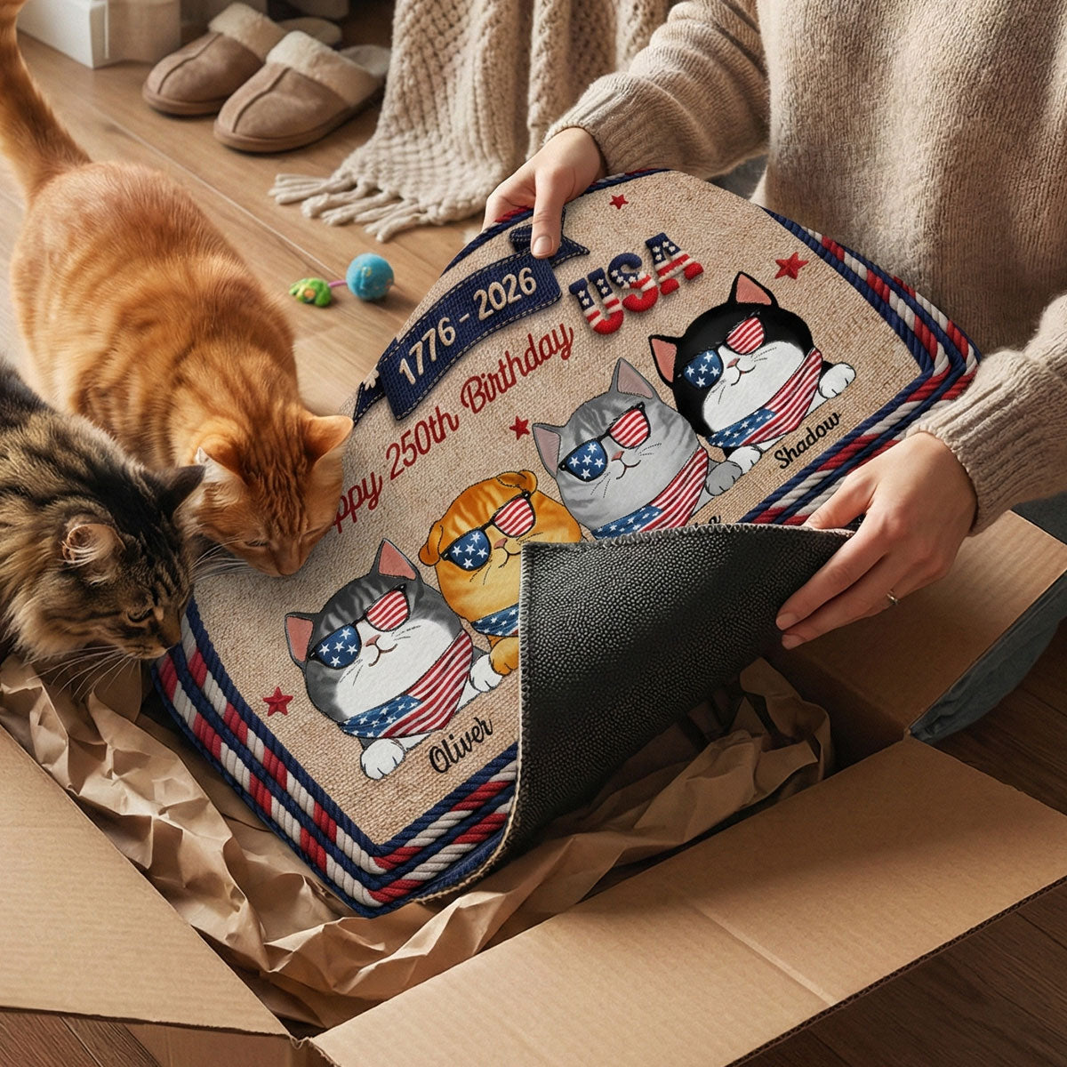 USA 250th Birthday Patriotic Flag Cat Faux Yarn Pattern - Personalized Doormat - Gift For Cat Lovers