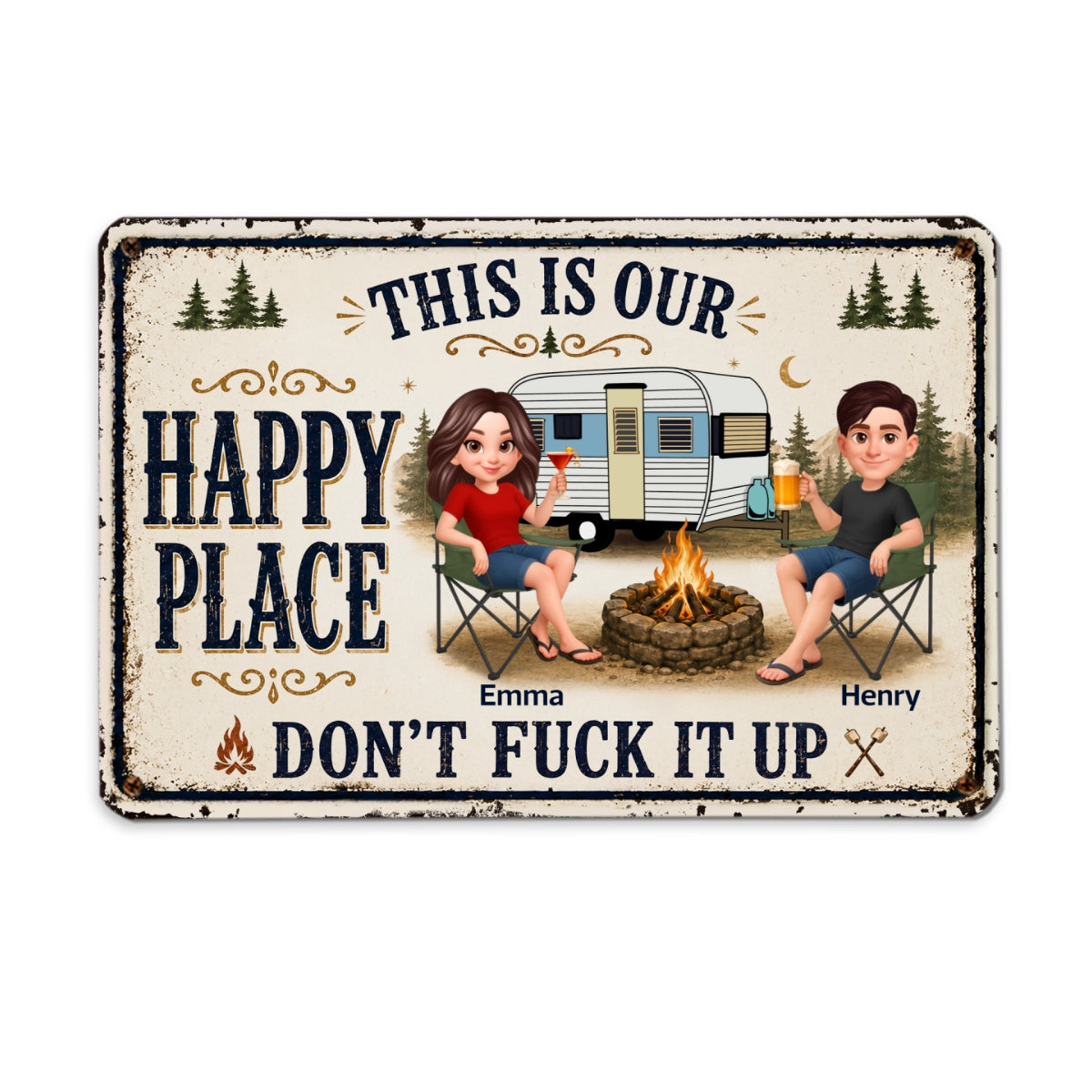 This Is Our Happy Place Camping Couple - Personalized Metal Sign - Funny Sarcasm Decoration For Campsite