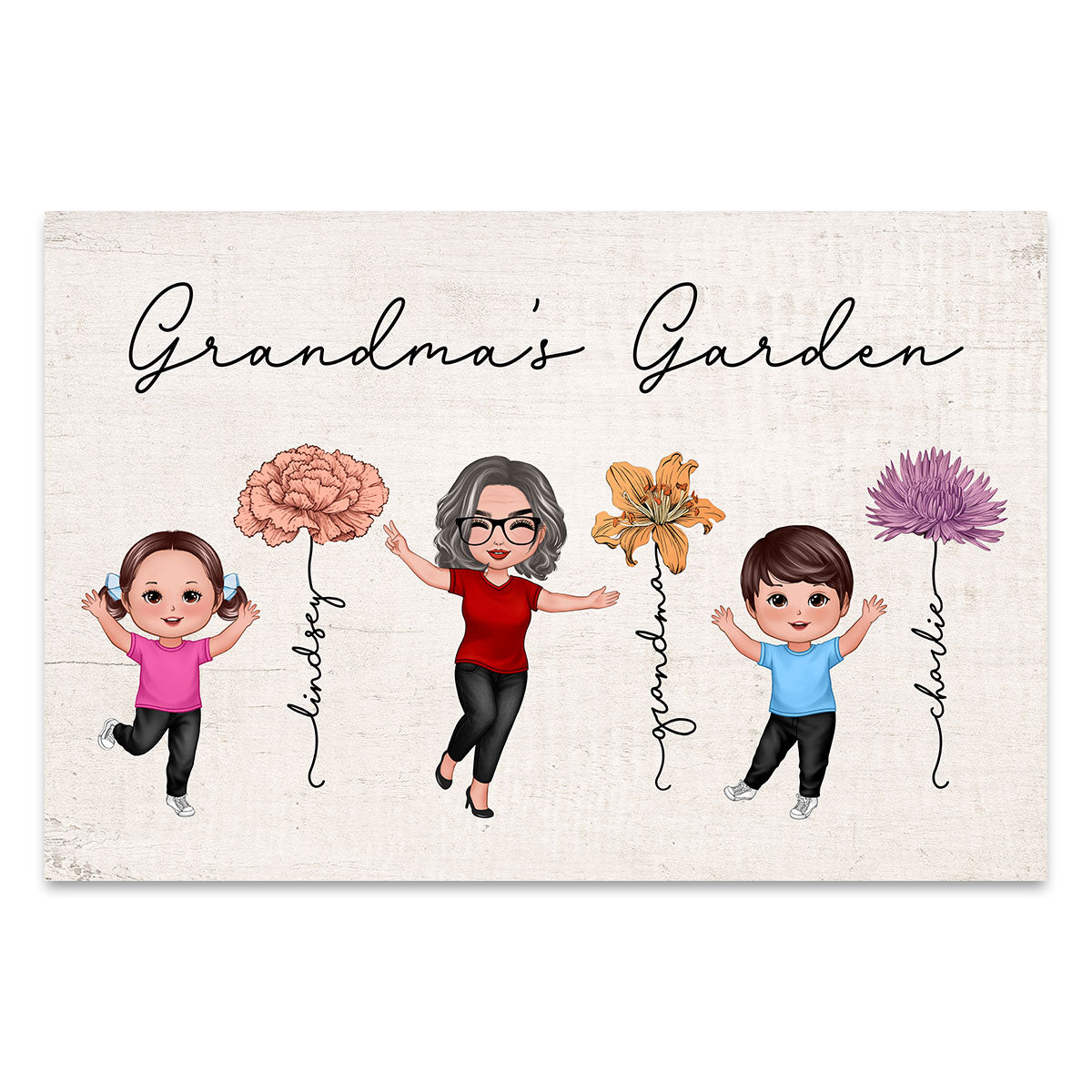 Happy Grandkids Grandma Garden Vintage Birth Month Flowers Mother‘s Day Gift Personalized Horizontal Poster