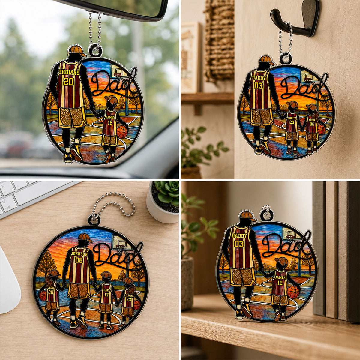 Basketball Dad & Kids 2D Flat - Personalized Acrylic Car Ornament - Father's Day Gift For Basketball Dad