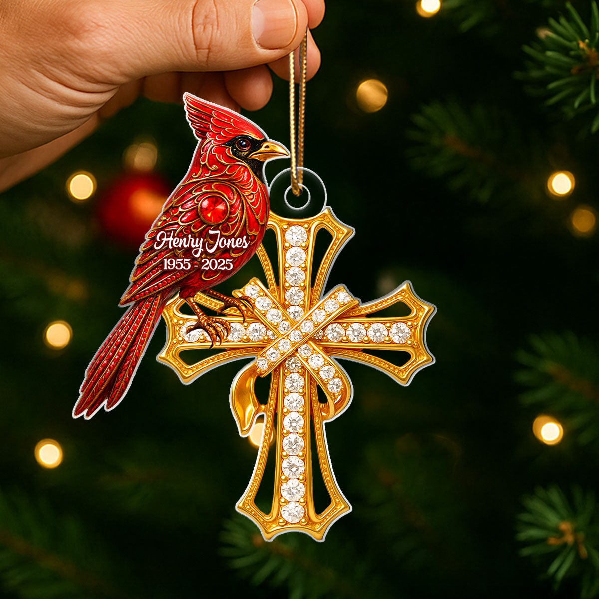 Red Cardinal On Cross 3D Crystal Effect - Personalized Acrylic Ornament - Family Memorial Keepsake