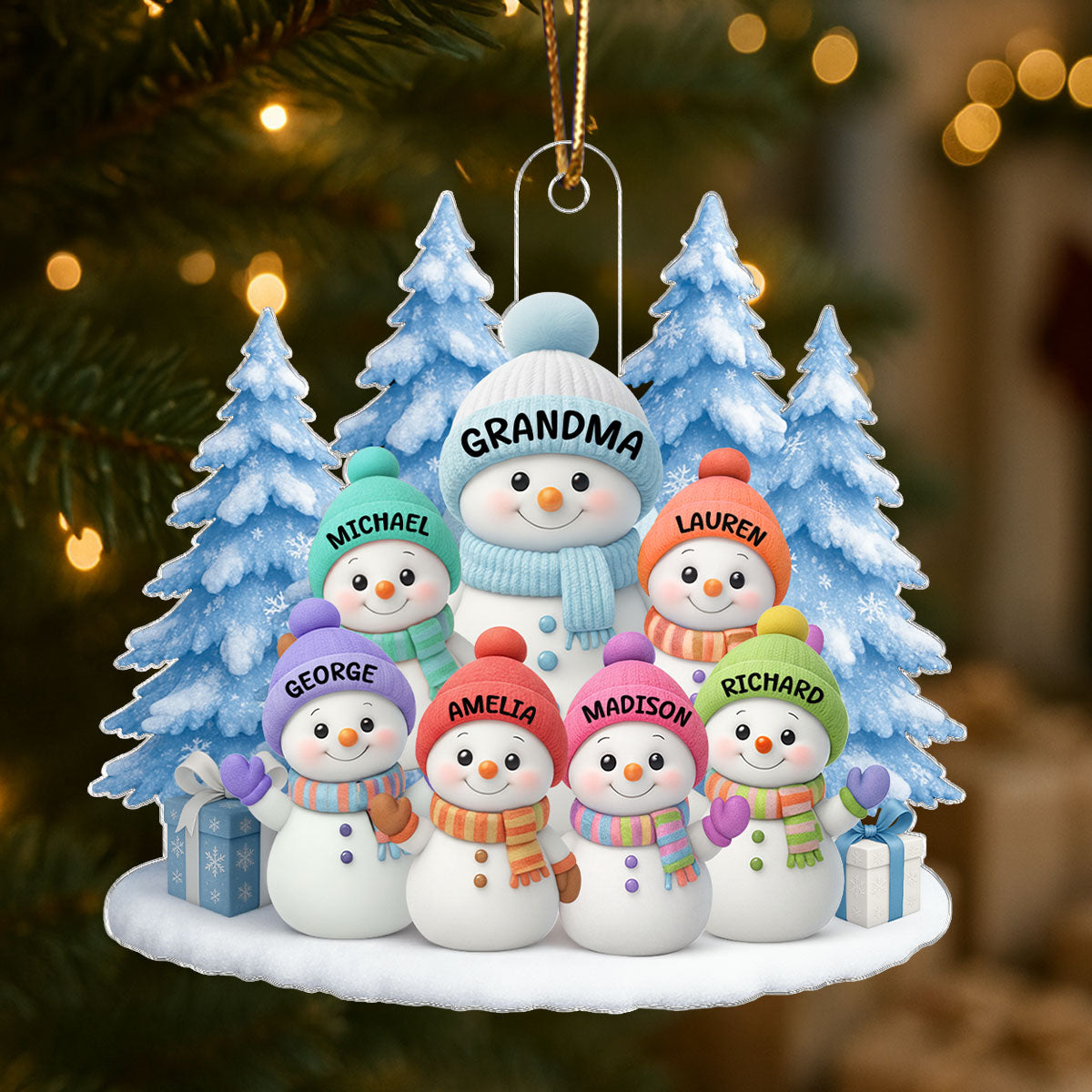 Snowman Grandma And Grandkids on Snow - Personalized Acrylic Ornament - Perfect Christmas Gift for Grandma