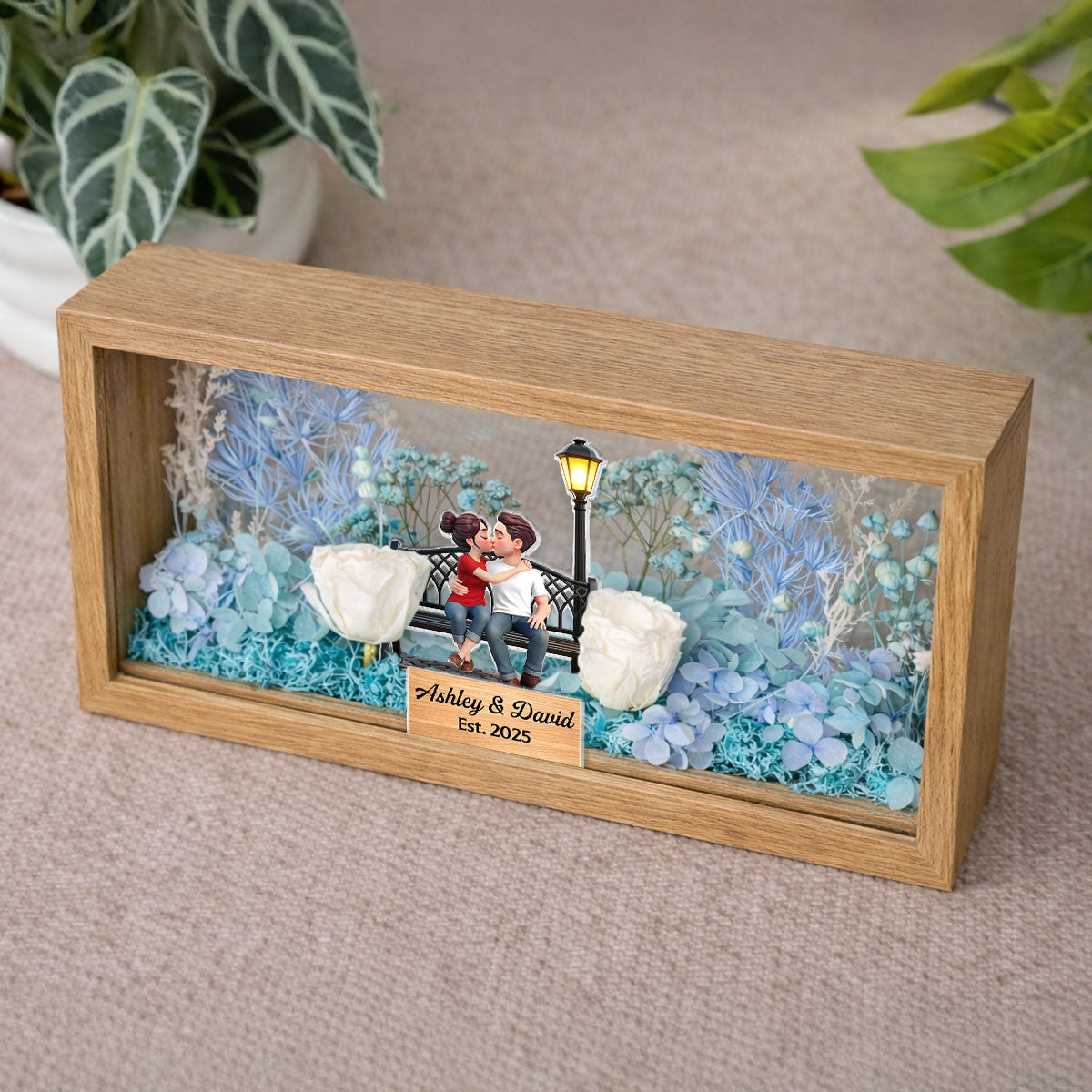 Eternal Love Couple Sitting Kissing - Personalized DIY Flower Shadow Box LED Night Light - Gift For Couple, For Him, For Her