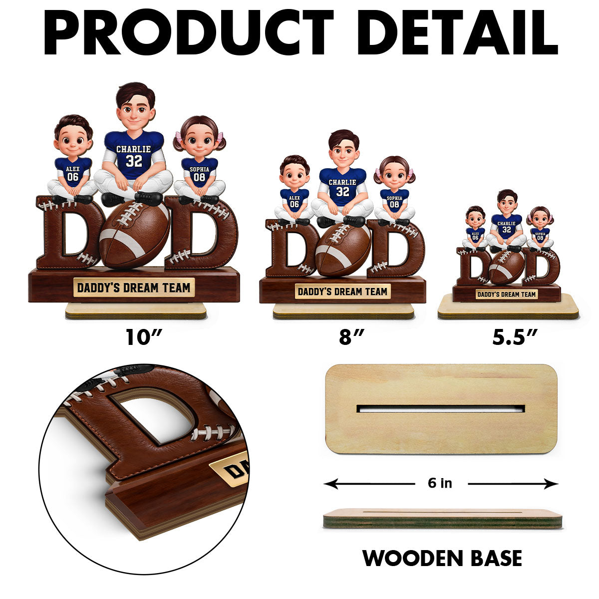 American Football Daddy's Dream Team - Personalized 2-Layered Wooden Plaque -  Gift For Dad