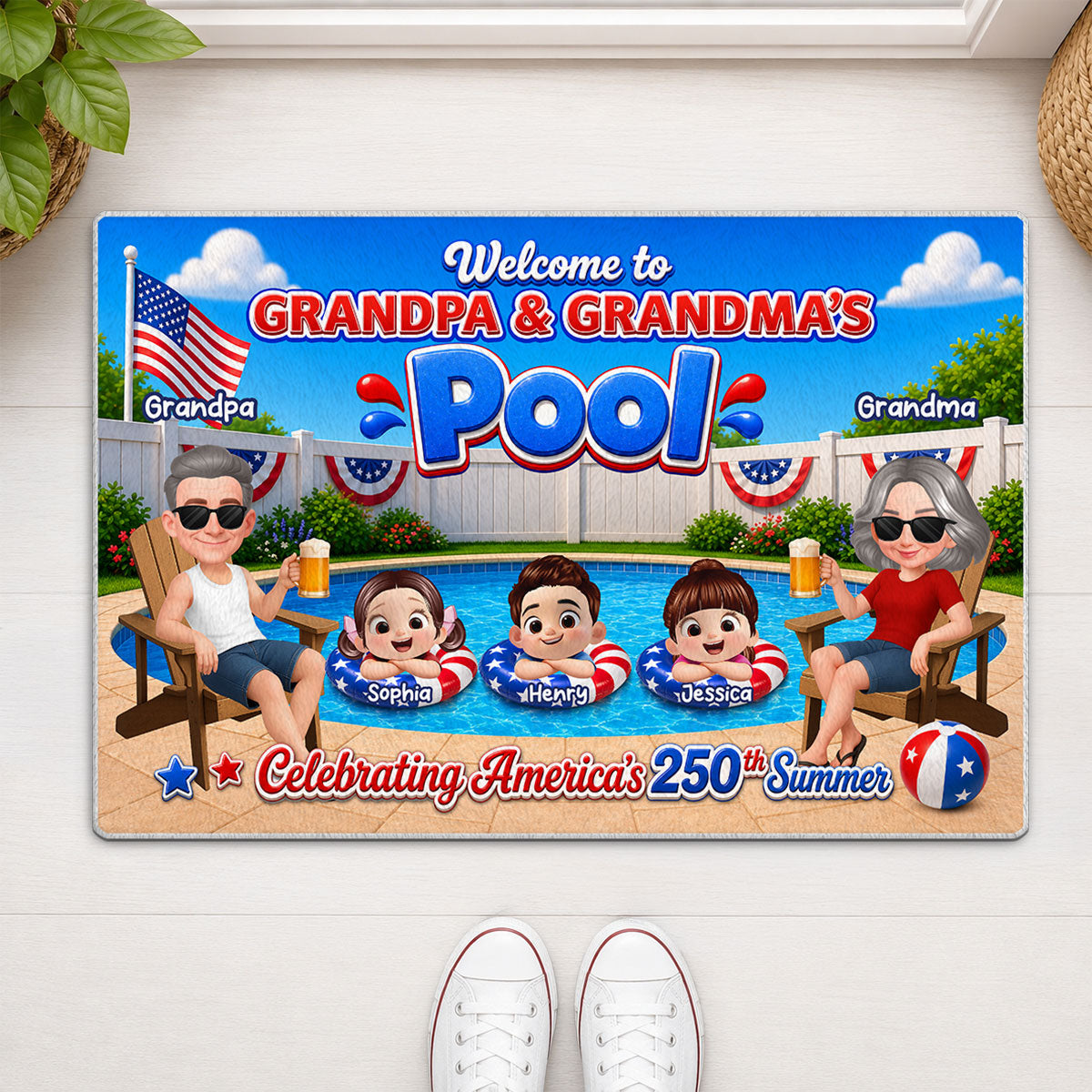 Welcome To Grandma Grandpa Pool America 250th Anniversary - Personalized Doormat - Gift For Grandparents, Summer Decoration