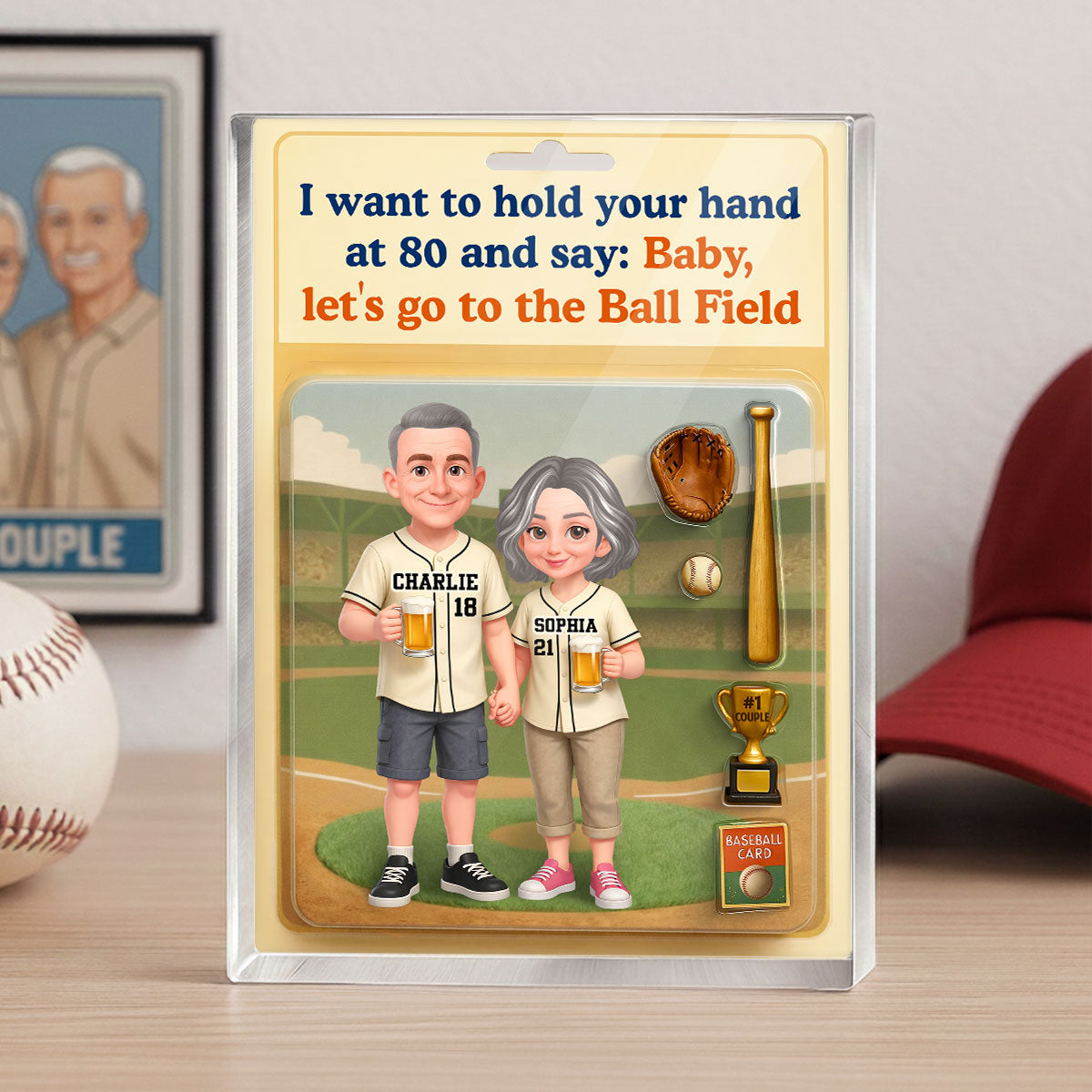 Let's Go to the Ball Field Baseball Couple Custom Figure - Personalized Acrylic Block Plaque - Heartfelt Gift for him, for her