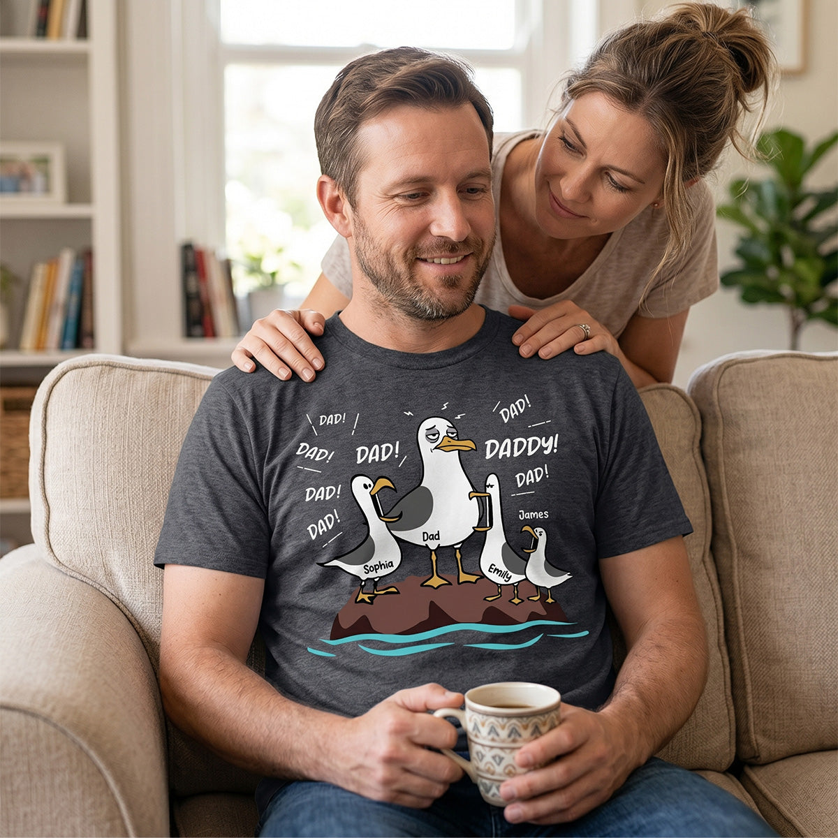 Seagull Dad! Dad! Dad! Tired Seagull & Kids - Personalized Shirt - Funny Father's Day Gift For Dad, Husband