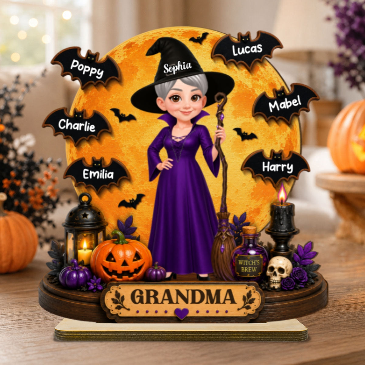 Grandma Witch Under Full Moon 2D Flat - Personalized Wooden Plaque - Halloween Decor For Grandma