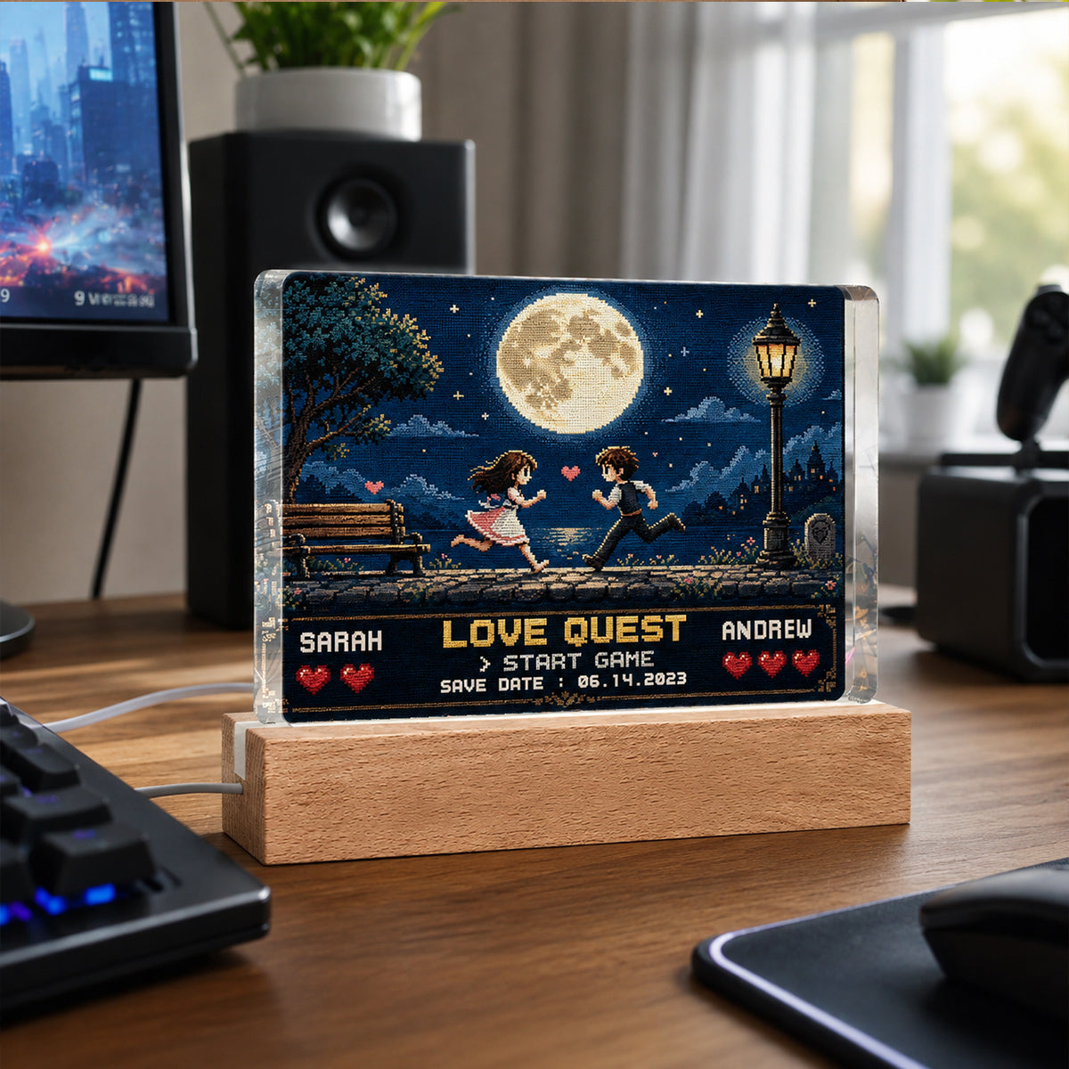 Retro Gamer Couple Love Quest - Personalized Acrylic Block LED Night Light - Anniversary Gift for Him, for Her