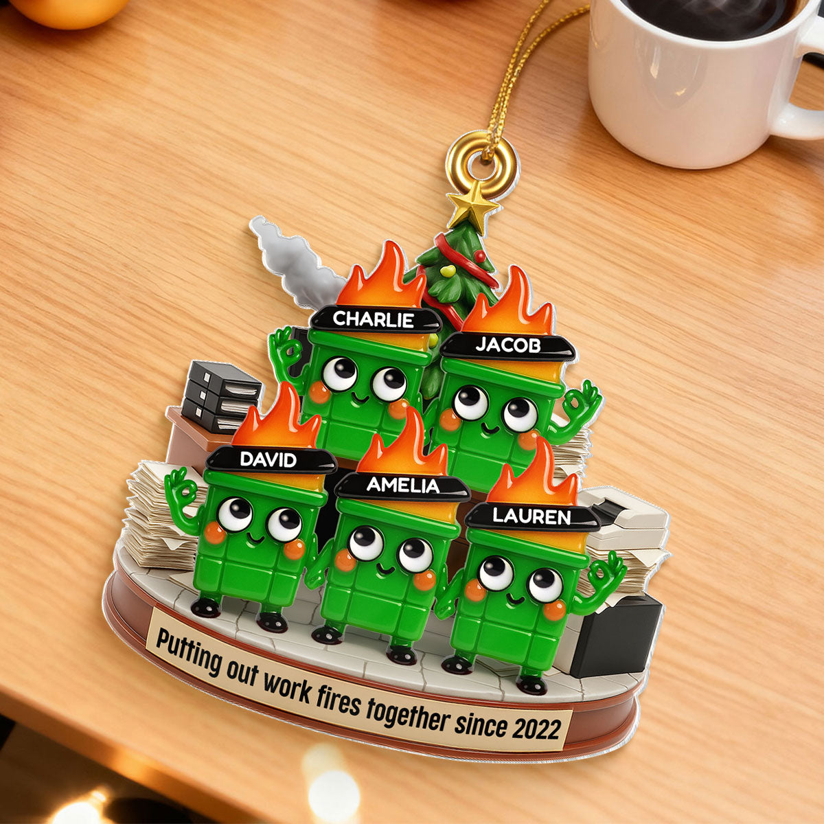 Funny Dumpster Fire Office Chaos Background - Personalized Acrylic Ornament - Funny Coworker Christmas Gift, White Elephant Gift for Coworkers