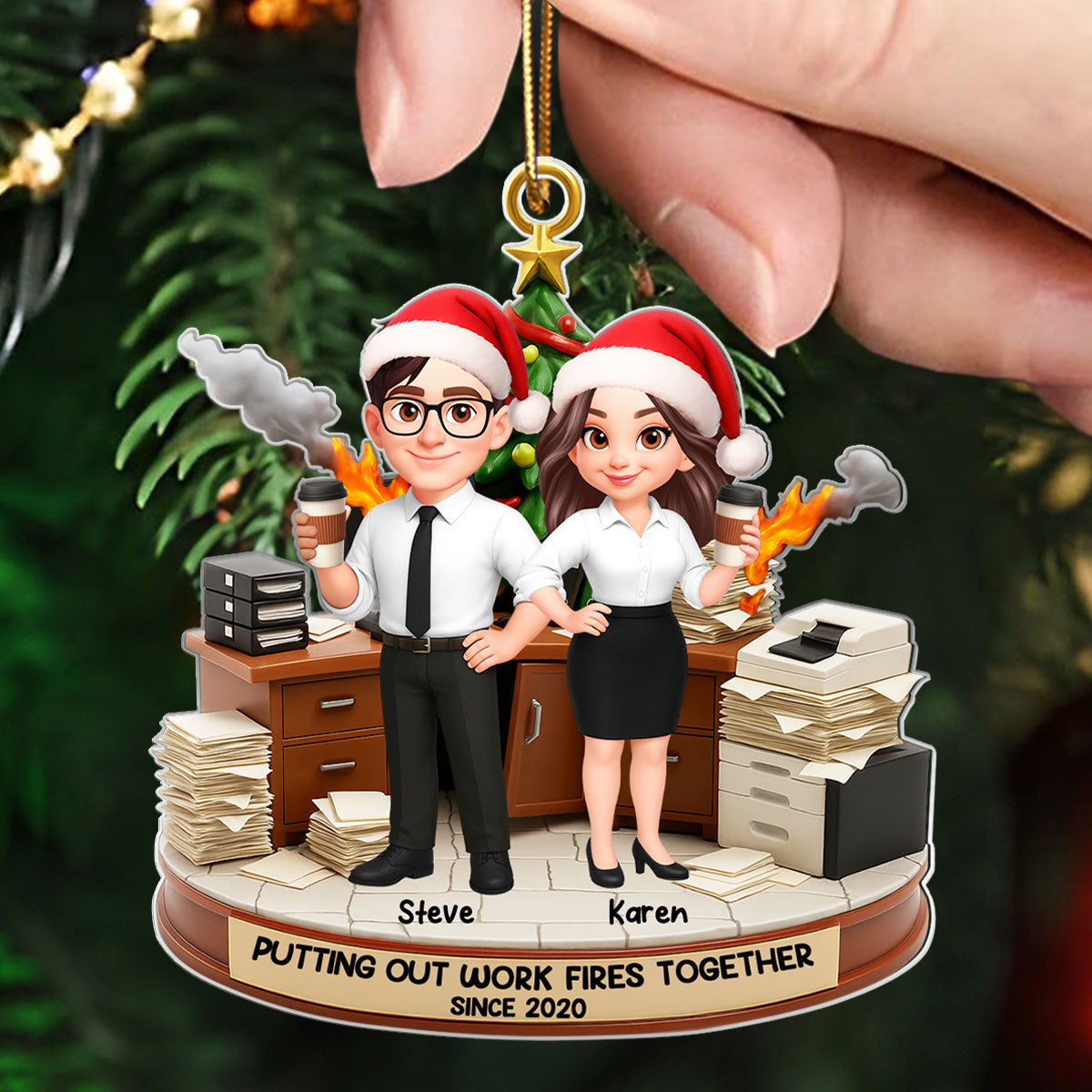 Putting Out Work Fires Together, Office Chaos Funny Coworkers - Personalized Acrylic Ornament - Custom Employee Gift Exchange, White Elephant Gift