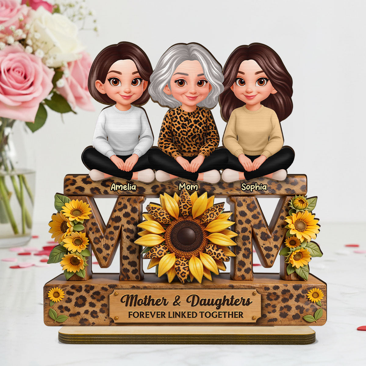 Beautiful Leopard Sunflower You Are My Sunshine MOM And Daughters Sons - Personalized 2-Layered Wooden Plaque - Gift For Mom